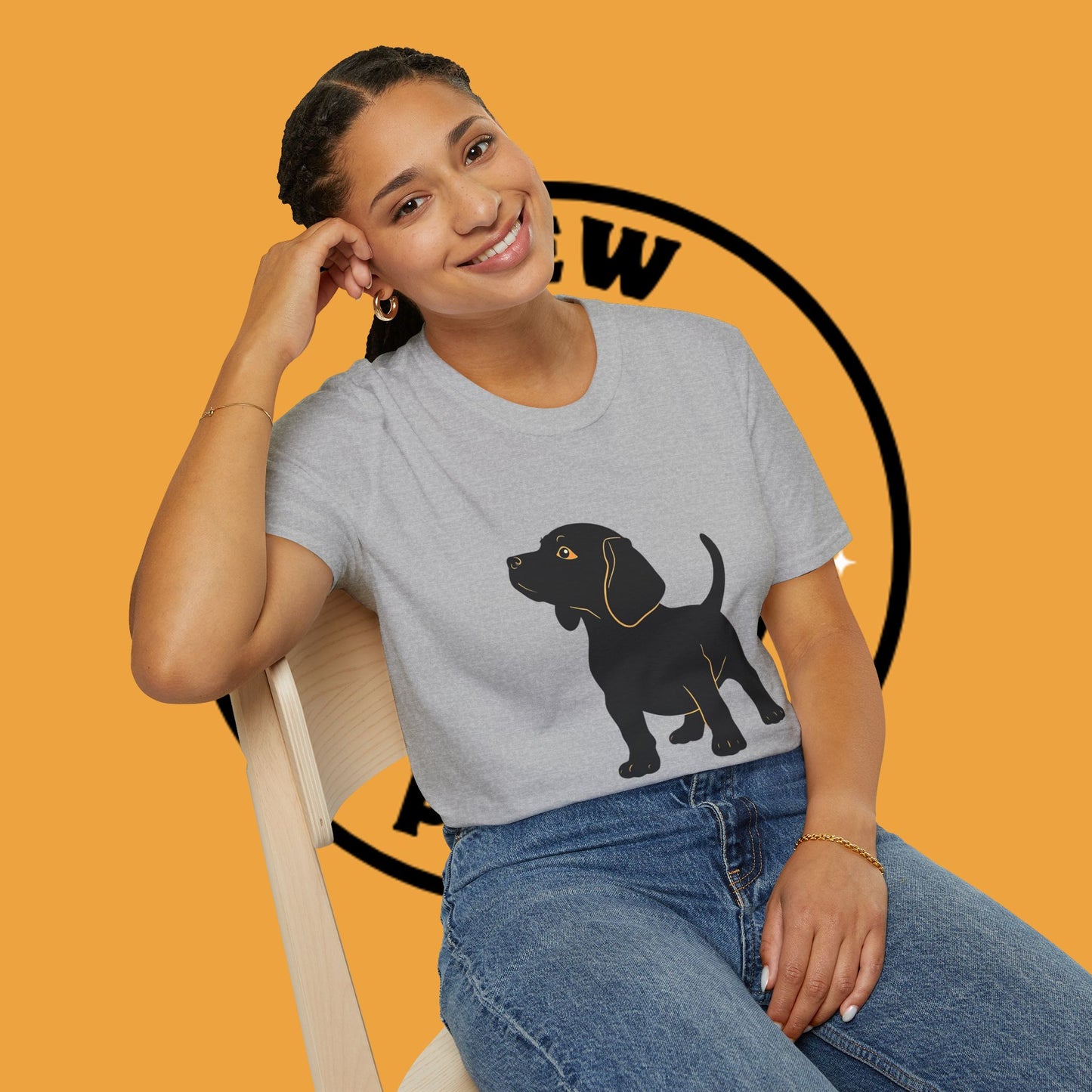 Minimalist Black Beagle Puppy T-Shirt - Simple Dog Silhouette Design | Modern Pet Lover Tee with Gold Accents
