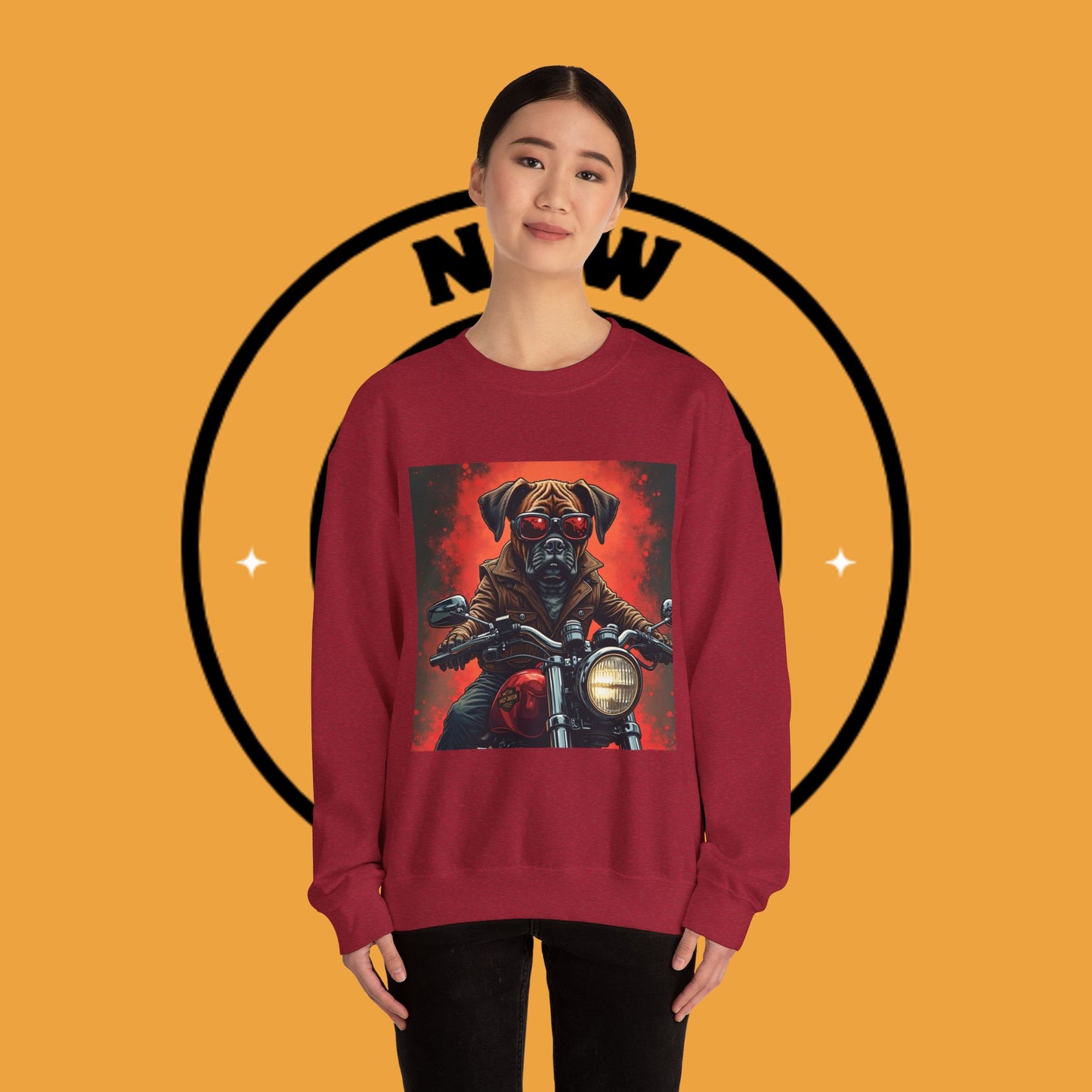 Biker Boxer Dog Crewneck Sweatshirt - Motorcycle Rebel Pup Design - Badass Pet Lover Style