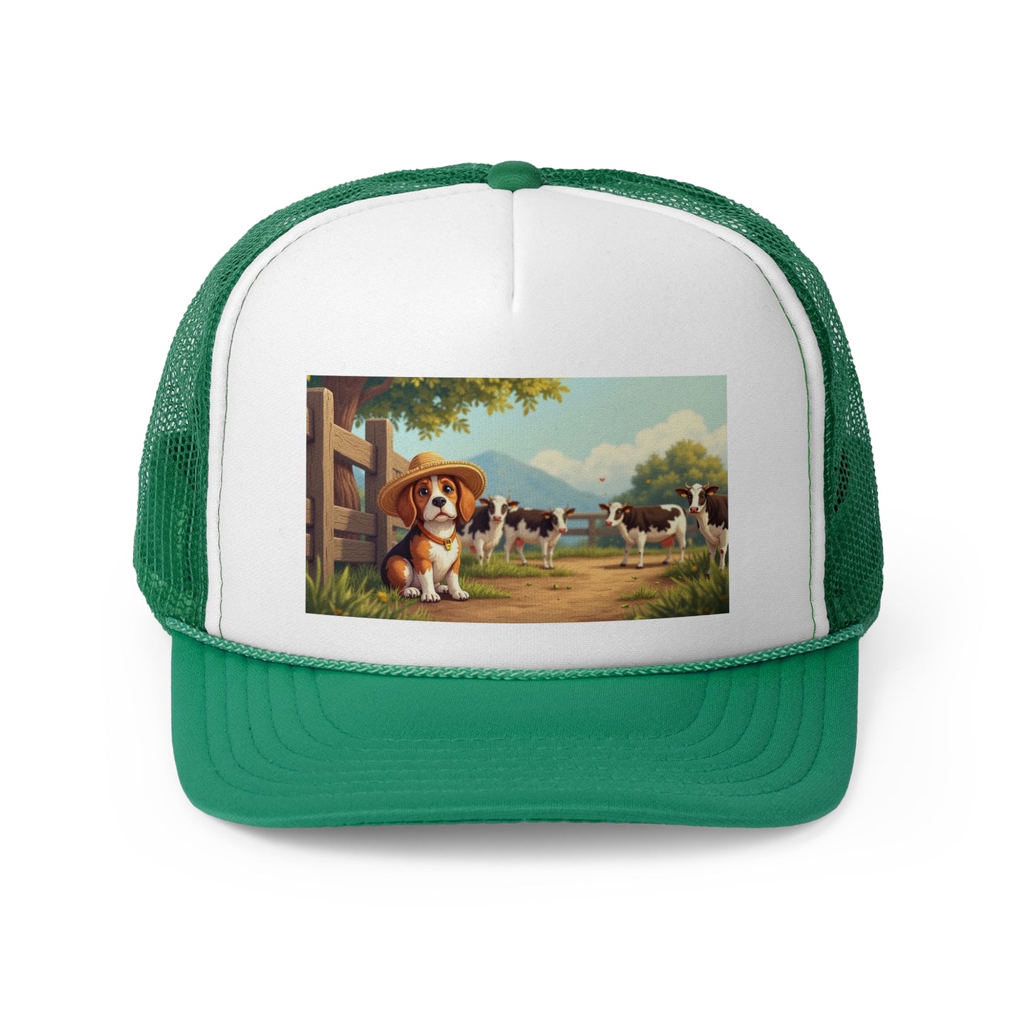 Farm Beagle with Straw Hat and Cows Trucker Hat - Country Dog Lover Cap - Adorable Dog Lover Unisex Cap