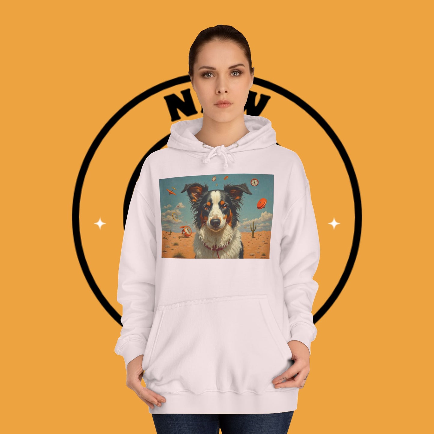 "Surreal Border Collie Time Desert Hoodie - Flying Clocks Artistic Dog Sweatshirt | Dreamlike Fantasy Design"