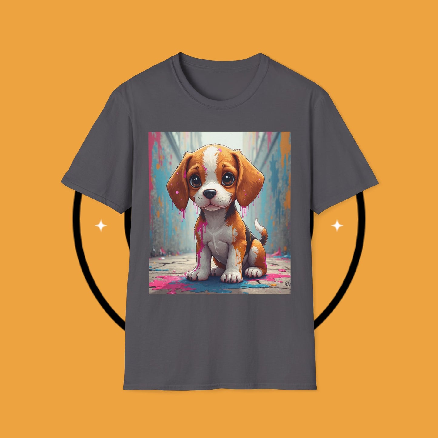 Beagle Street Art T-Shirt - Urban Paint Splatter Dog Design | Artistic Puppy Graffiti Tee for Creative Souls