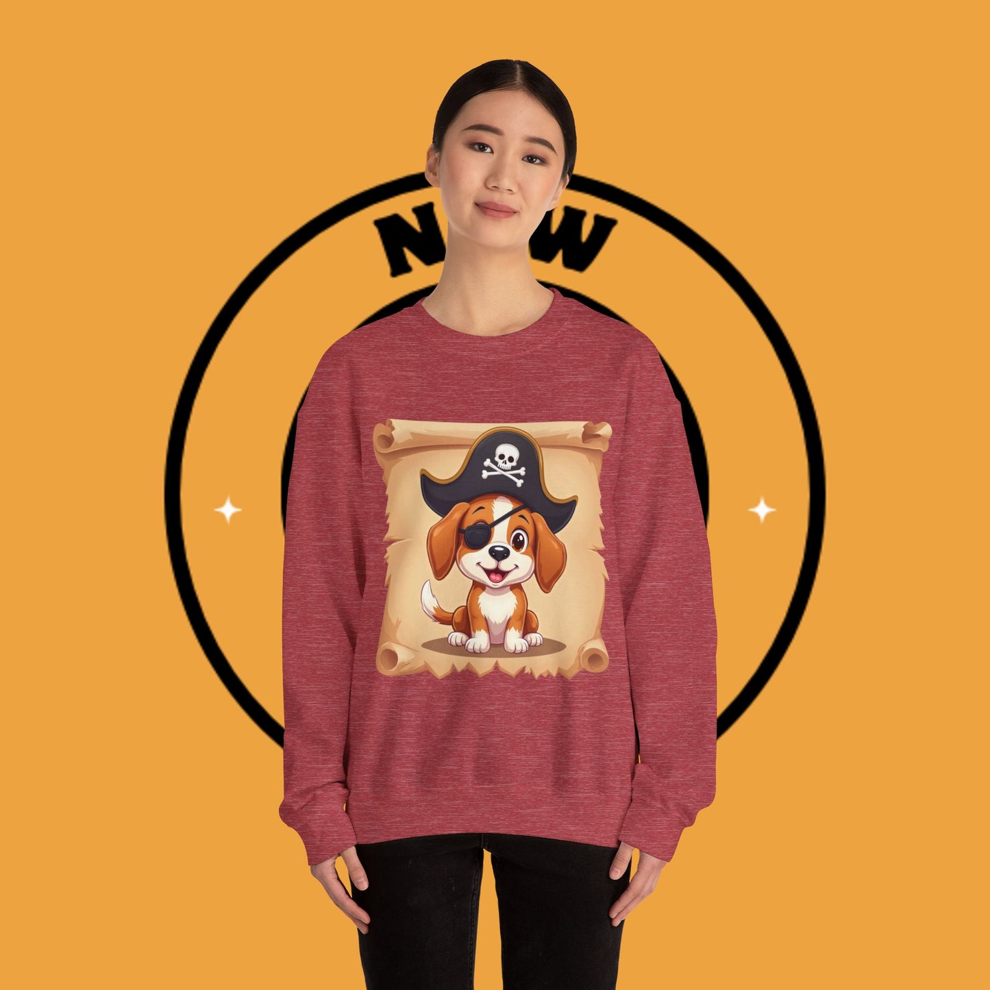 Pirate Dog Crewneck Sweatshirt - Buccaneer Beagle Design with Patch and Hat