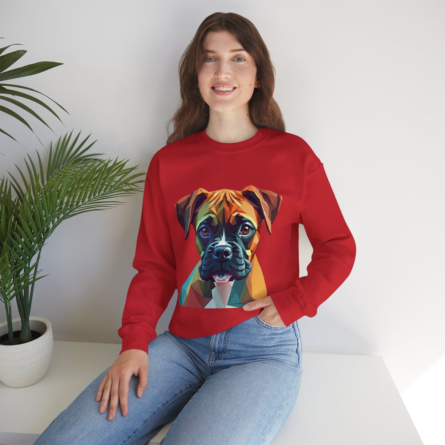 Geometric Boxer Dog Crewneck Sweatshirt - Polygon Art Pet Portrait - Modern Design Lover Gift