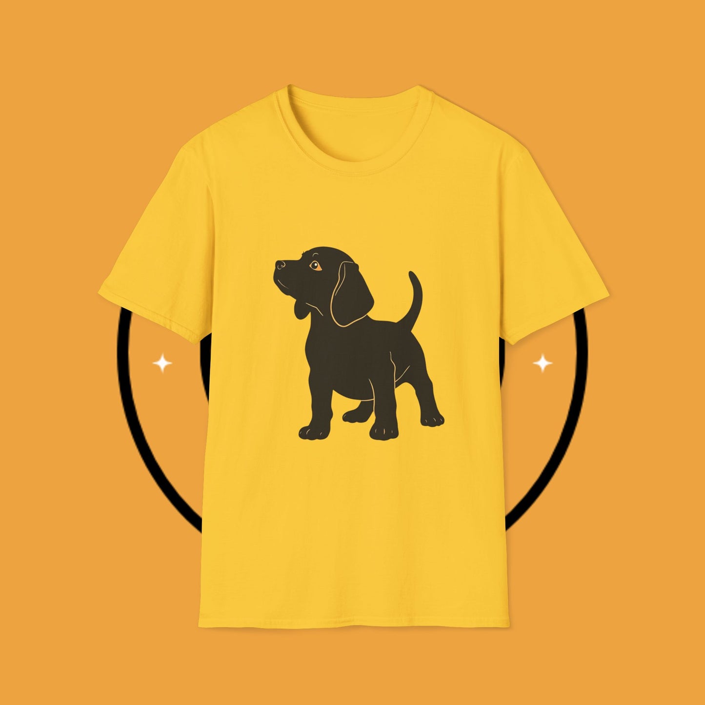 Minimalist Black Beagle Puppy T-Shirt - Simple Dog Silhouette Design | Modern Pet Lover Tee with Gold Accents