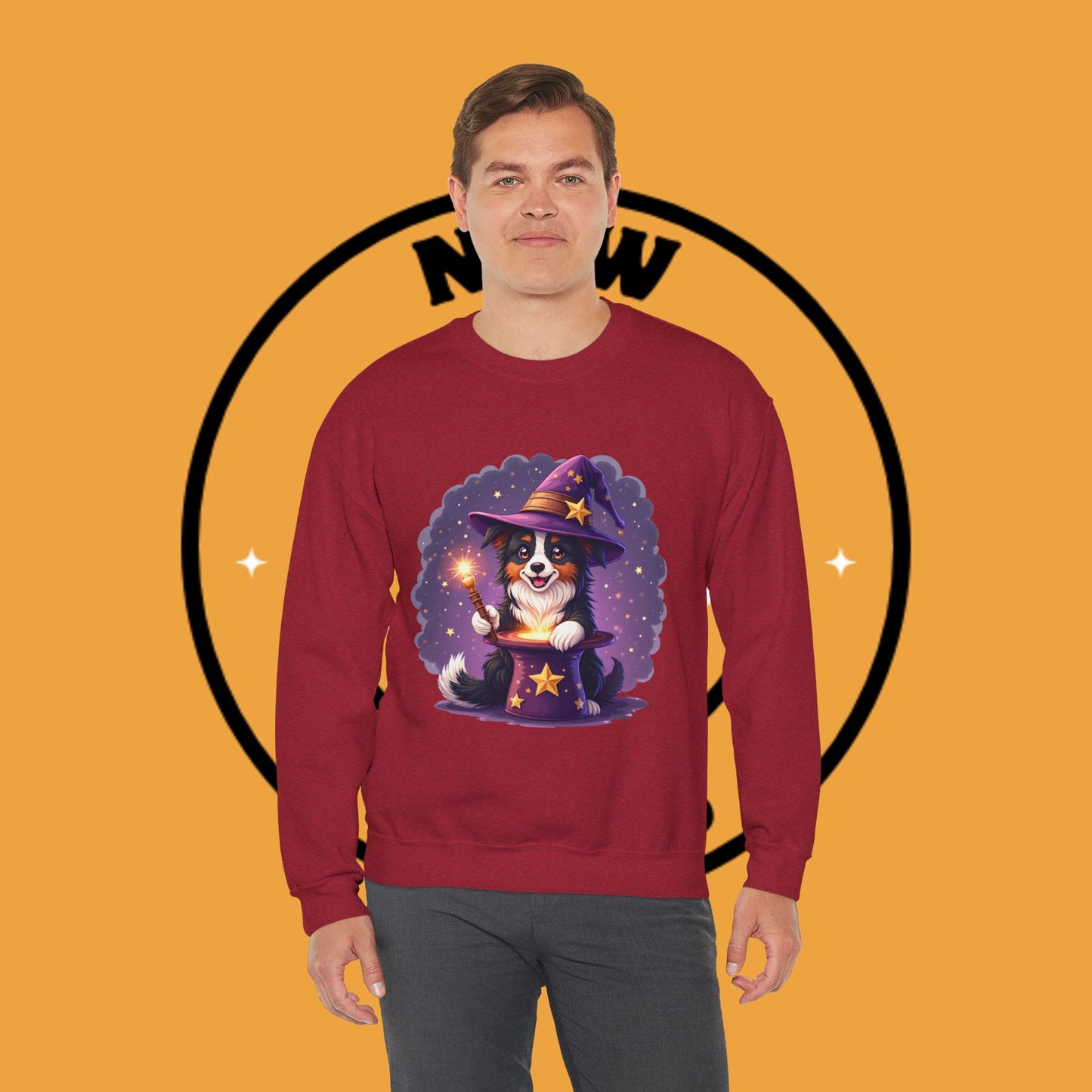 Magical Wizard Dog Crewneck Sweatshirt - Adorable Puppy Magician with Hat & Wand | Fantasy Pet Lover Gift Tee