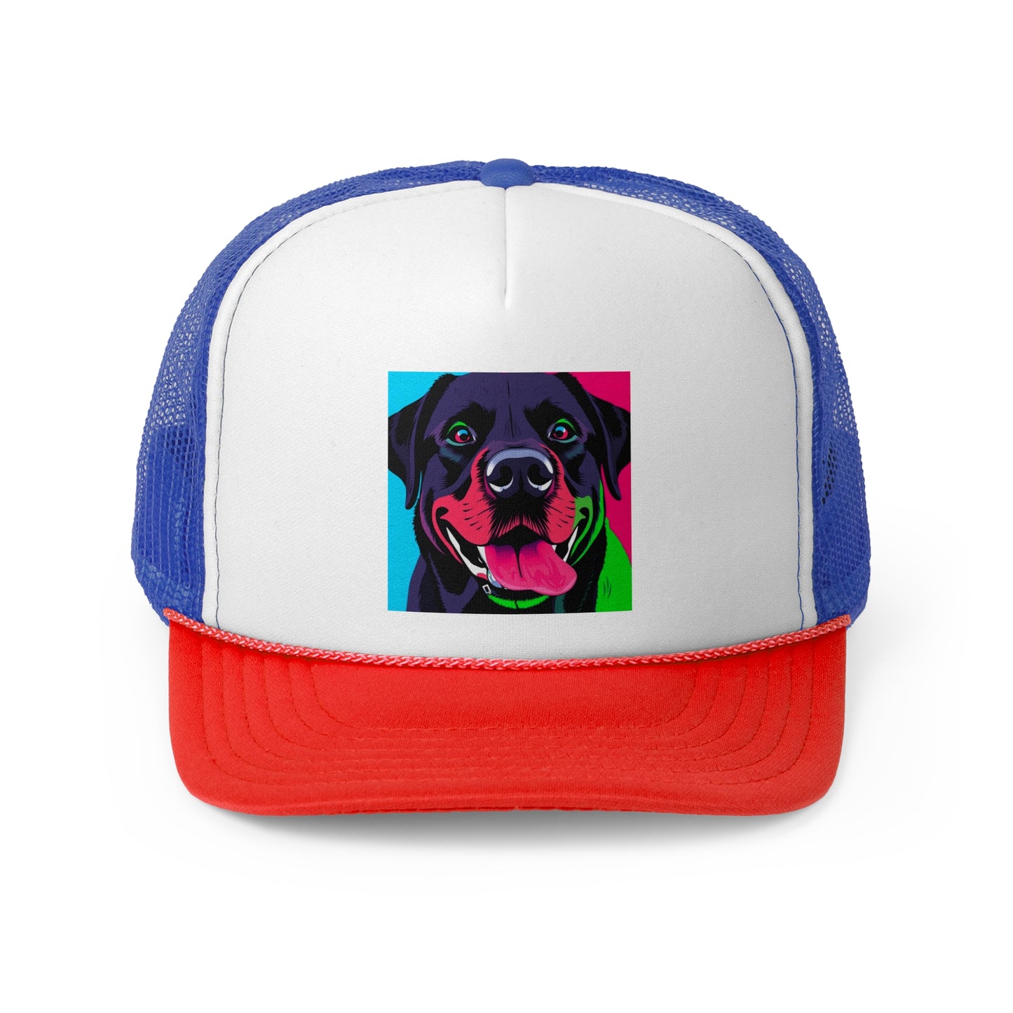 Psychedelic Pop Art Dog Trucker Hat - Vibrant Neon Colors Lab Portrait Cap - Perfect for Pet Lovers