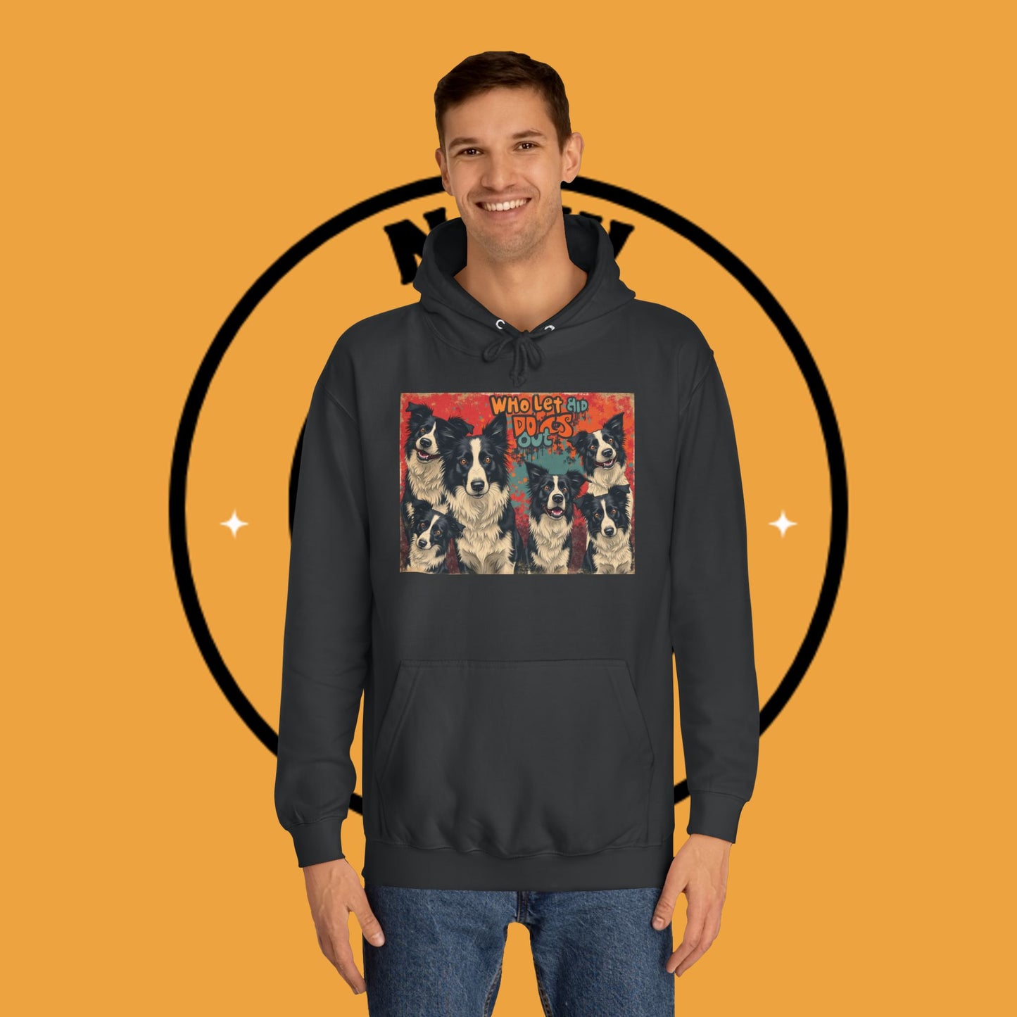 "Who Let the Dogs Out Border Collie Hoodie - Funny 90s Nostalgia Dog Pack Sweatshirt | Retro Music Design"