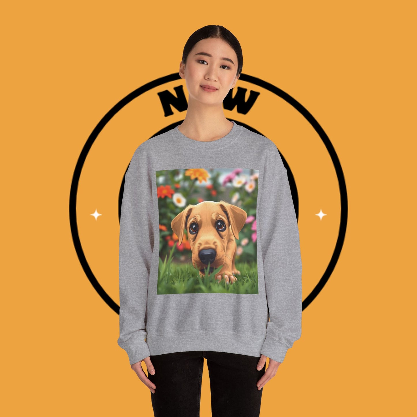 Unisex Dog Lover Crewneck Sweatshirt - Cute puppe with big eyes in floral garden