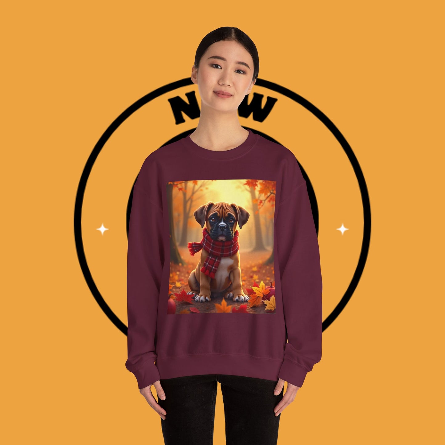 Cute Boxer Puppy Autumn Crewneck Sweatshirt | Fall Dog Lover Gift | Cozy Plaid Scarf Design