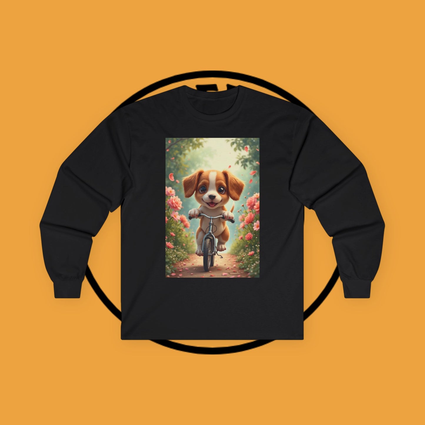 Happy Puppy Riding Bike Spring Flowers Long Sleeve Tee Gift
