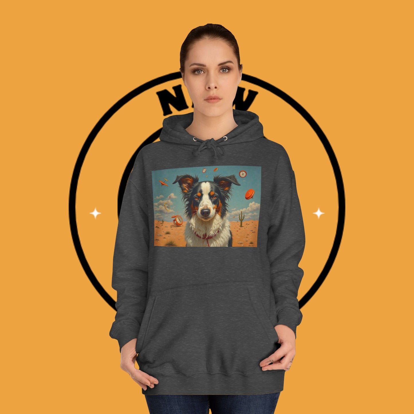 "Surreal Border Collie Time Desert Hoodie - Flying Clocks Artistic Dog Sweatshirt | Dreamlike Fantasy Design"