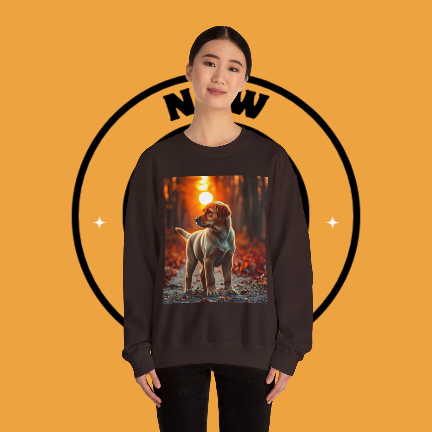 Crewneck Sweatshirt - Labrador Puppy in Autumn Forest with Golden Sunset Light Design