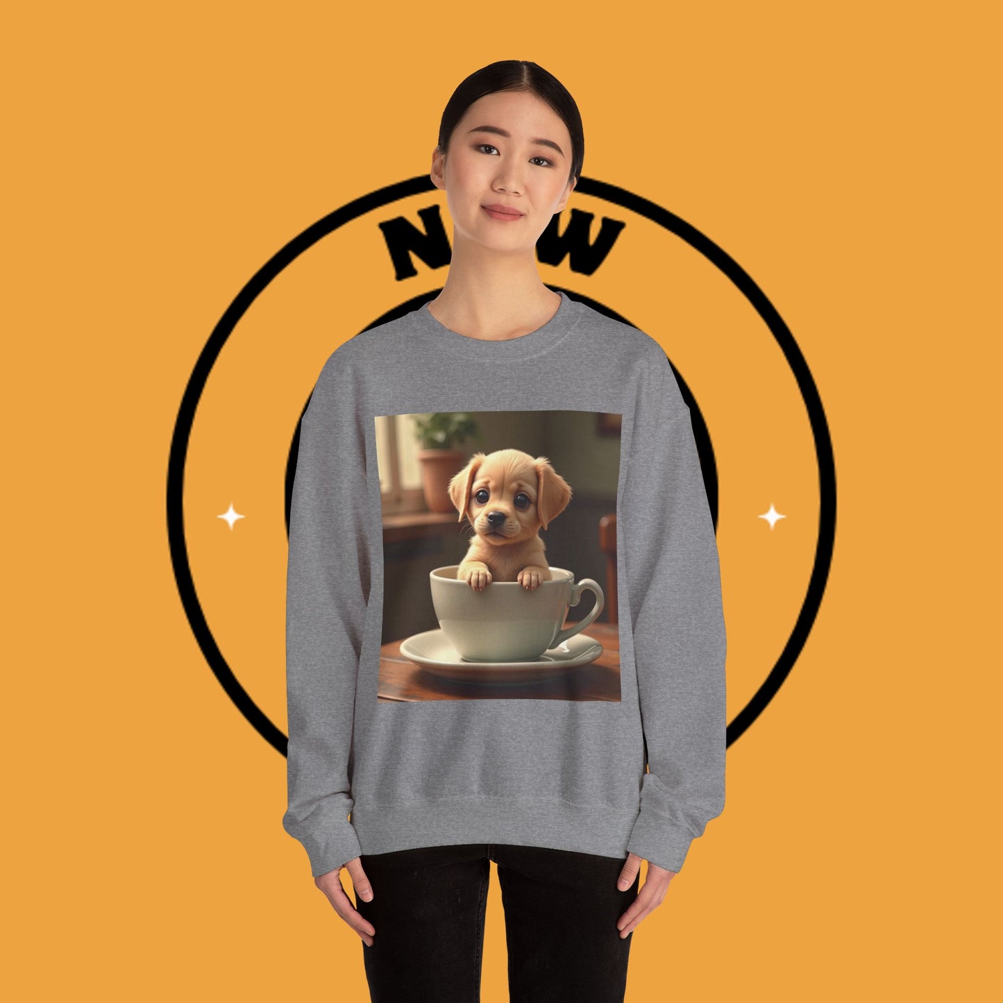 Unisex Dog Lover Crewneck Sweatshirt - Teacup Puppy: Adorable Yellow Lab in Coffee Cup