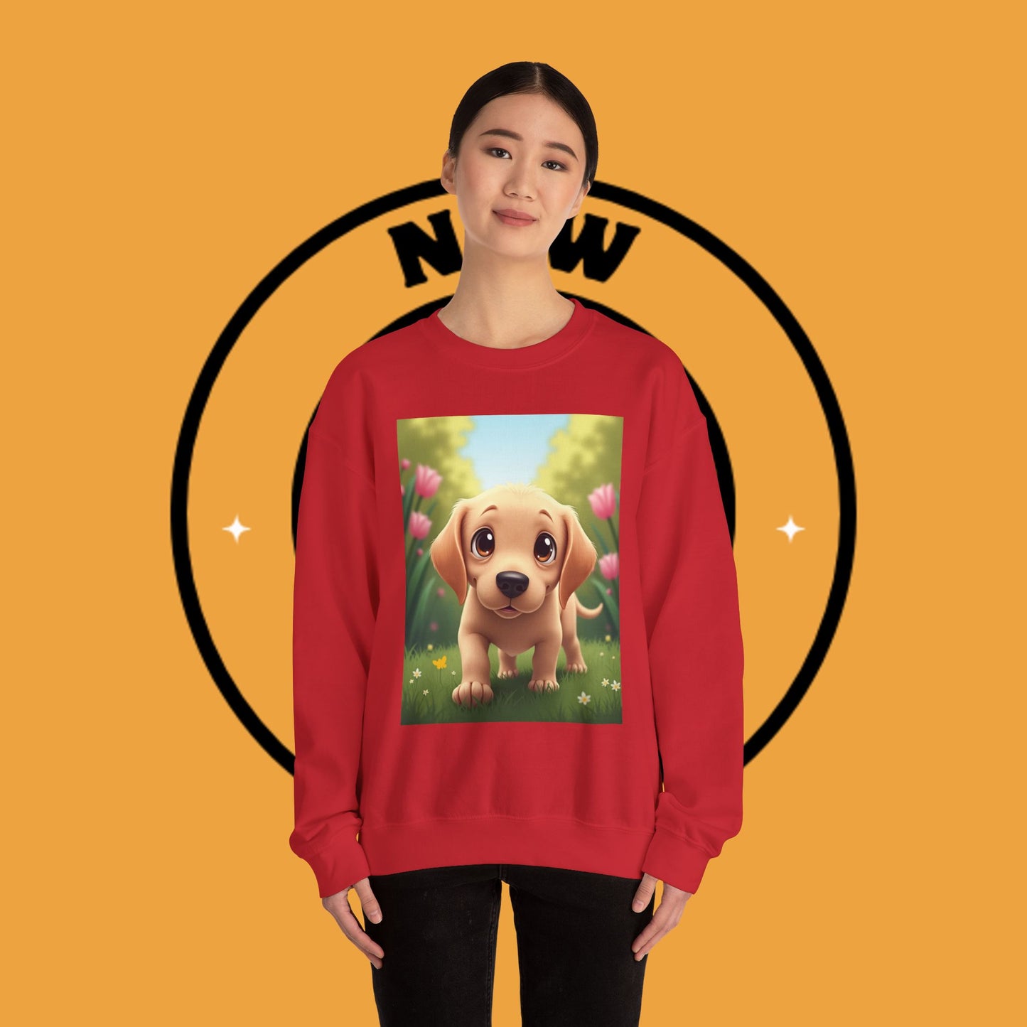 Adorable Golden Retriever Puppy in a Garden with Flowers - Cute Puppy Photo kawaii style