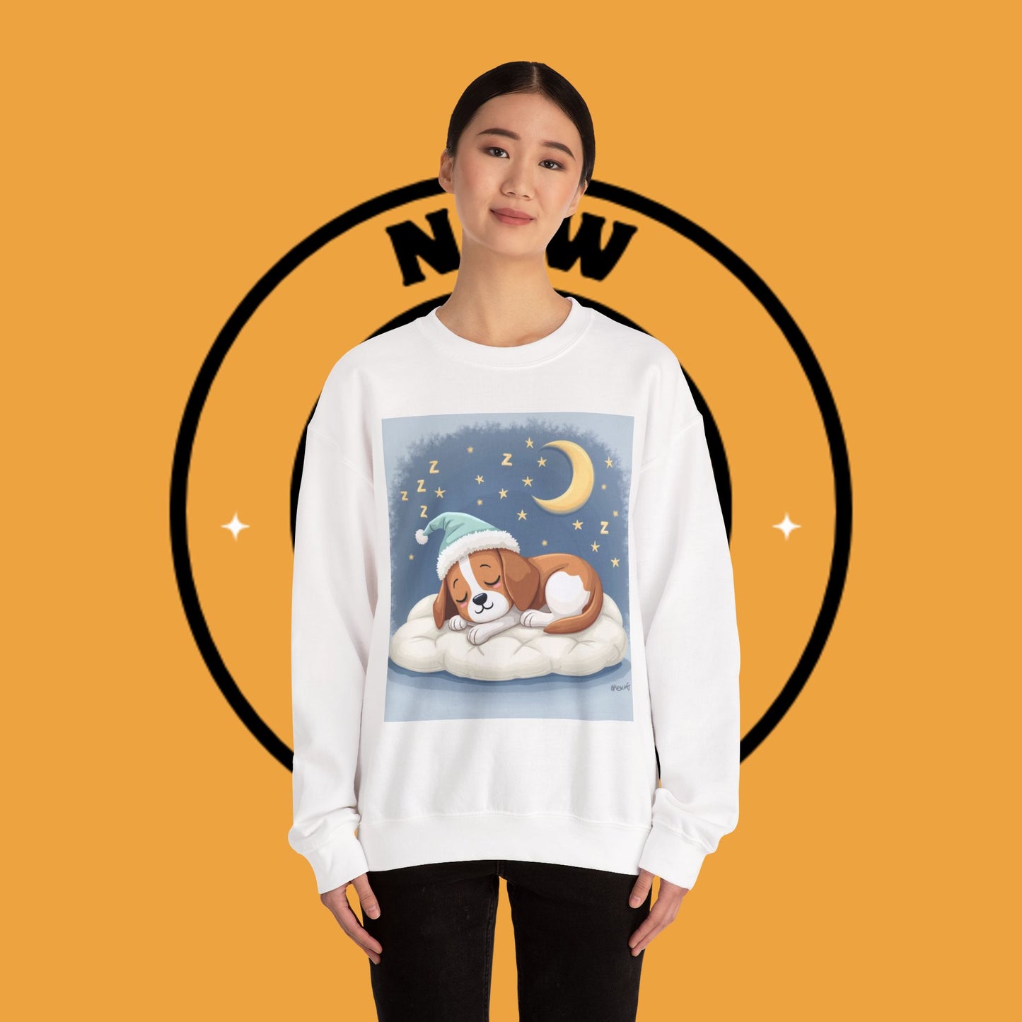 Sleeping Dog Crewneck Sweatshirt - Cute Beagle Design with Moon and Stars