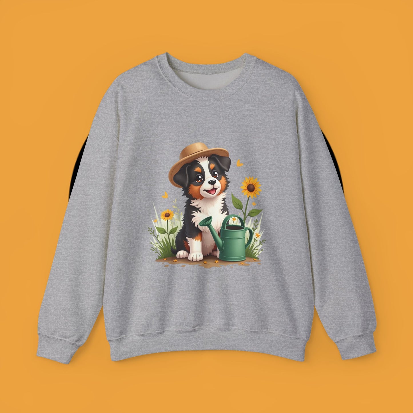 Garden Dog Crewneck Sweatshirt - Cute Puppy Gardener with Sunflowers Design | Green Thumb Gift