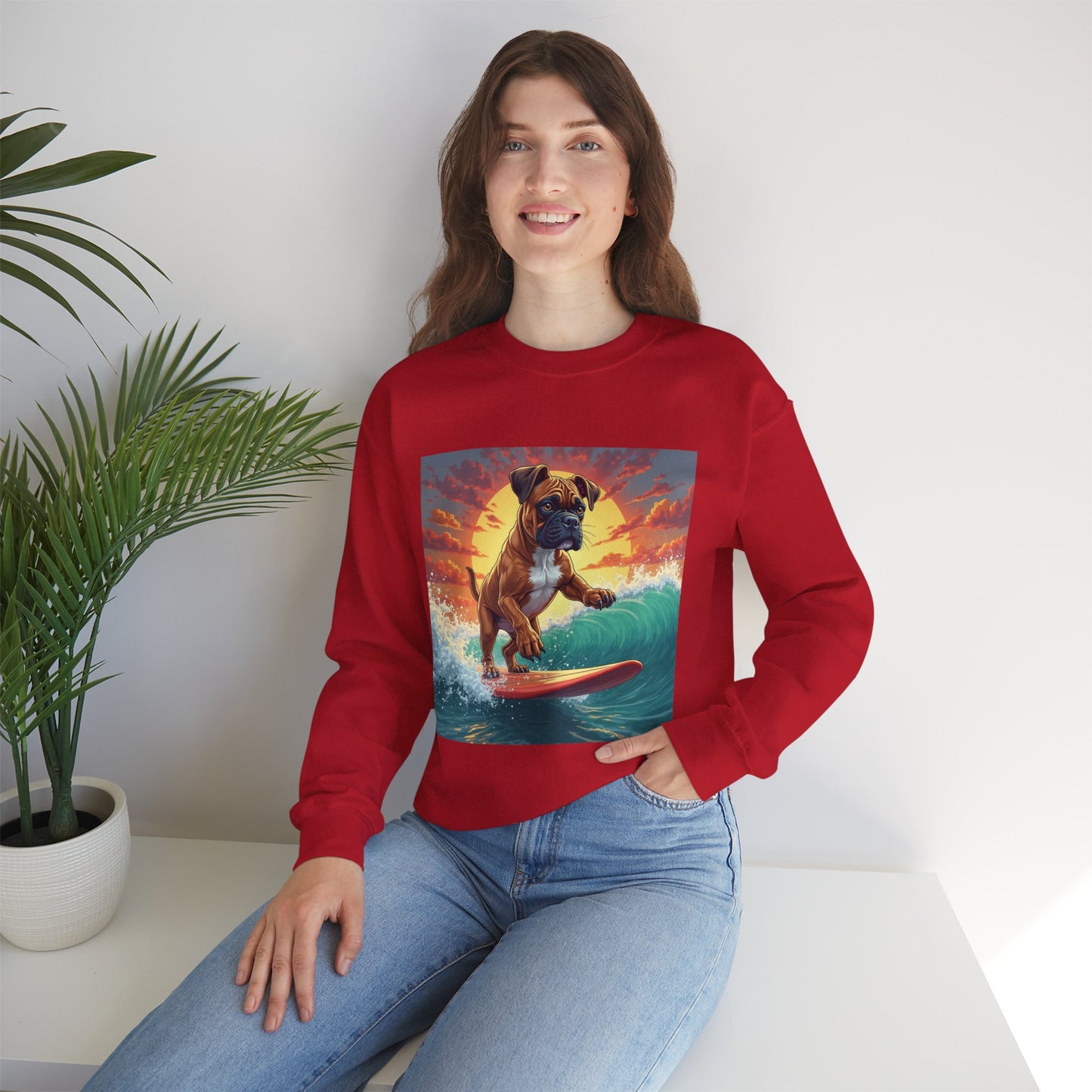 Surfing Boxer Dog Crewneck Sweatshirt | Funny Beach Surfer Gift | Epic Wave Riding Pup Design