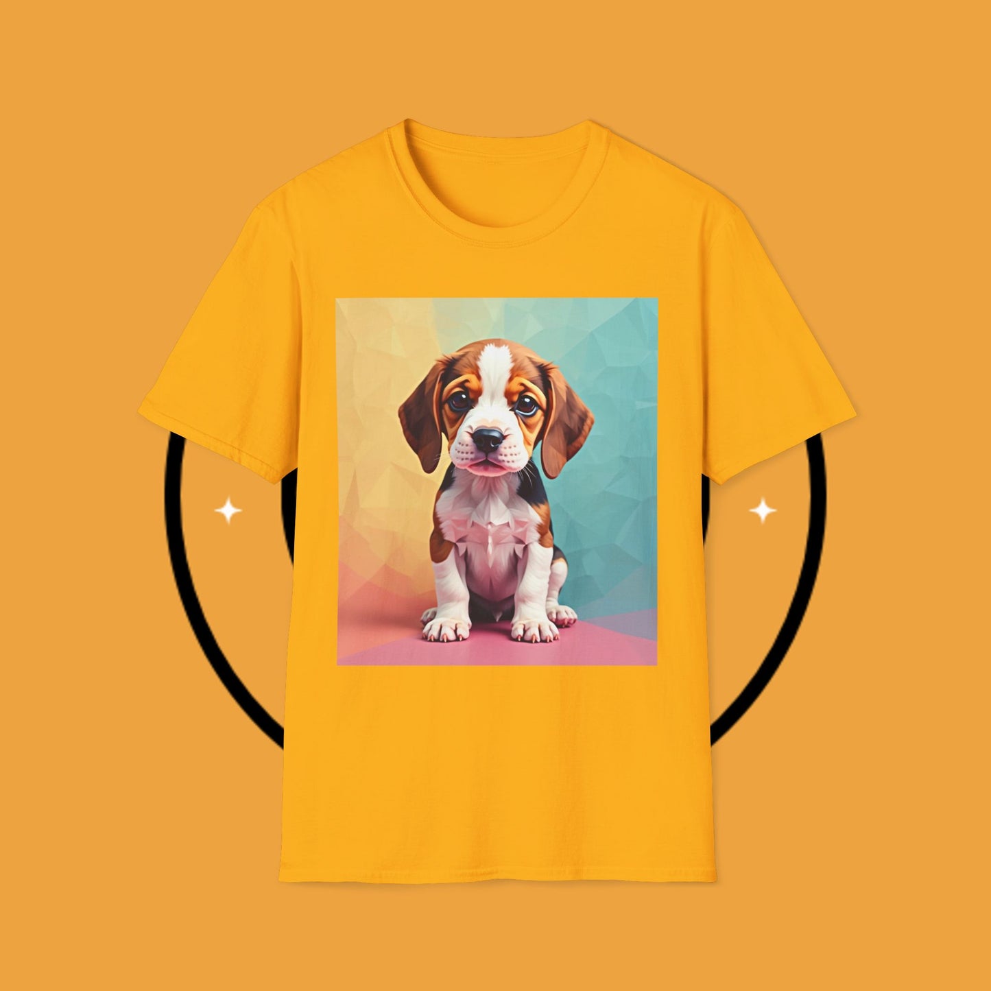 Modern Art Beagle Puppy T-Shirt - Geometric Low Poly Dog Design with Rainbow Background