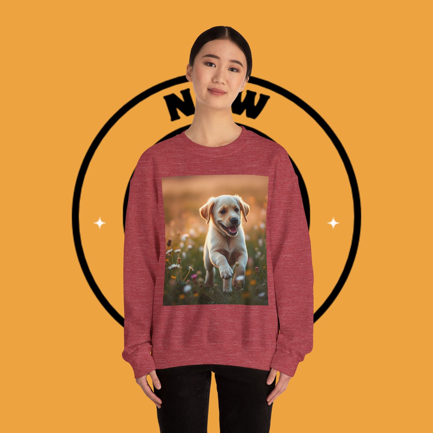 Unisex Dog Lover Crewneck Sweatshirt - Playful Labrador Puppy Running Through Wildflower Meadow