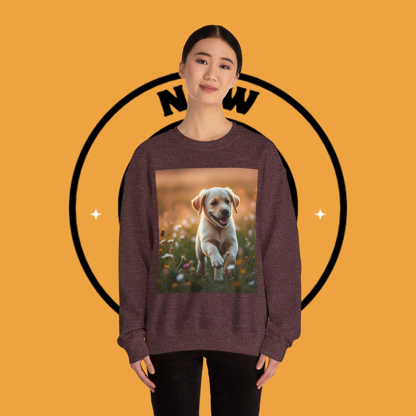 Unisex Dog Lover Crewneck Sweatshirt - Playful Labrador Puppy Running Through Wildflower Meadow