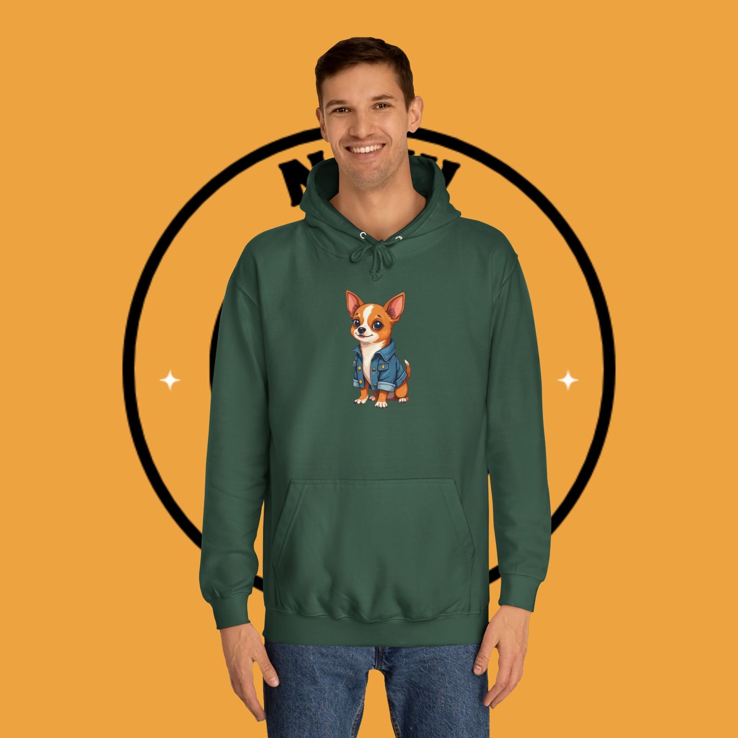 "Adorable Chihuahua in Denim Jacket Hoodie | Cute Dog Lover Gift | Premium Pet Fashion Streetwear"