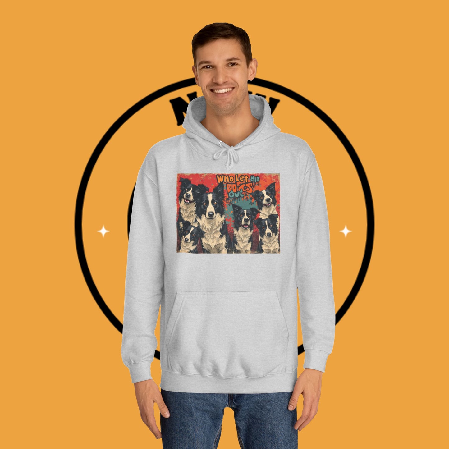 "Who Let the Dogs Out Border Collie Hoodie - Funny 90s Nostalgia Dog Pack Sweatshirt | Retro Music Design"