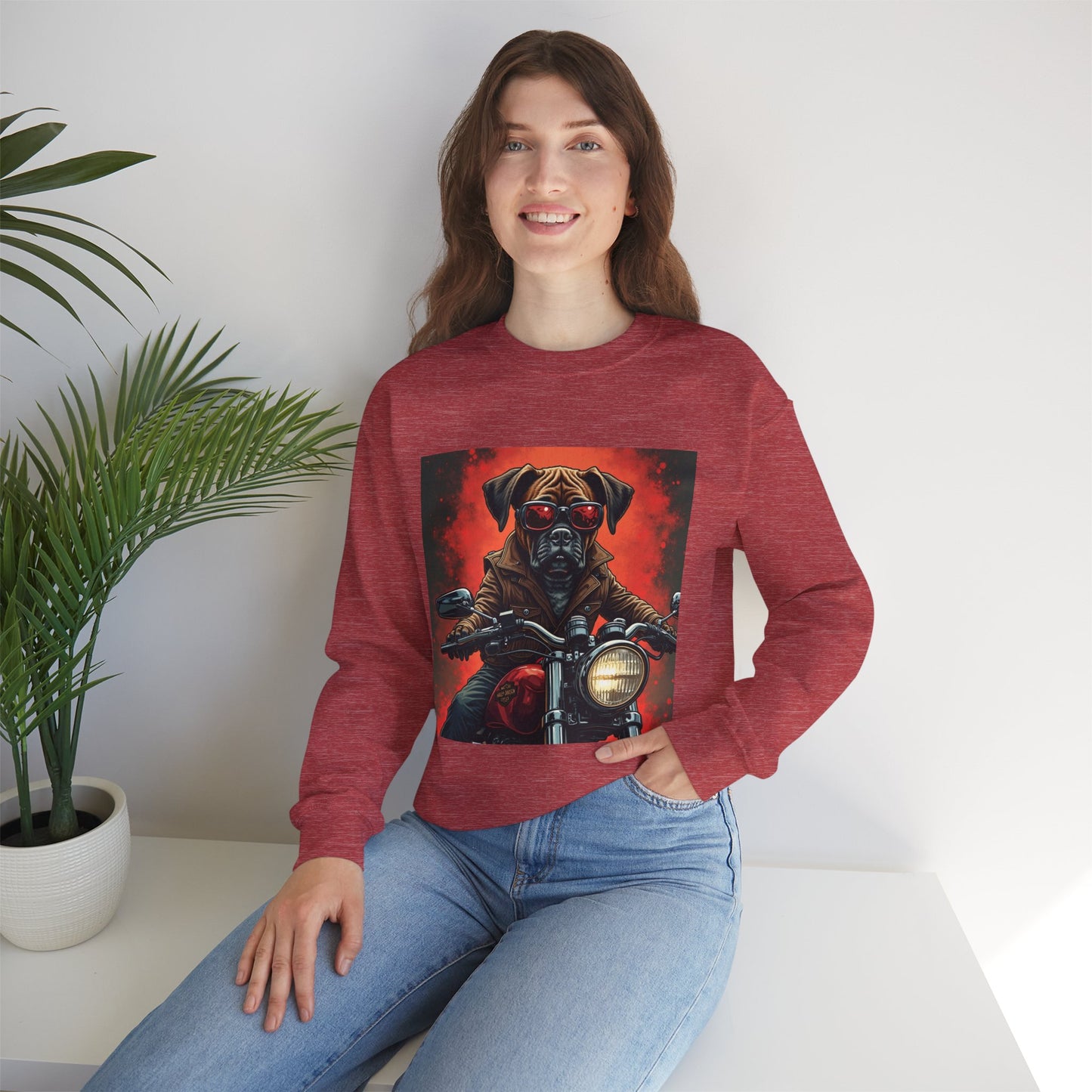 Biker Boxer Dog Crewneck Sweatshirt - Motorcycle Rebel Pup Design - Badass Pet Lover Style