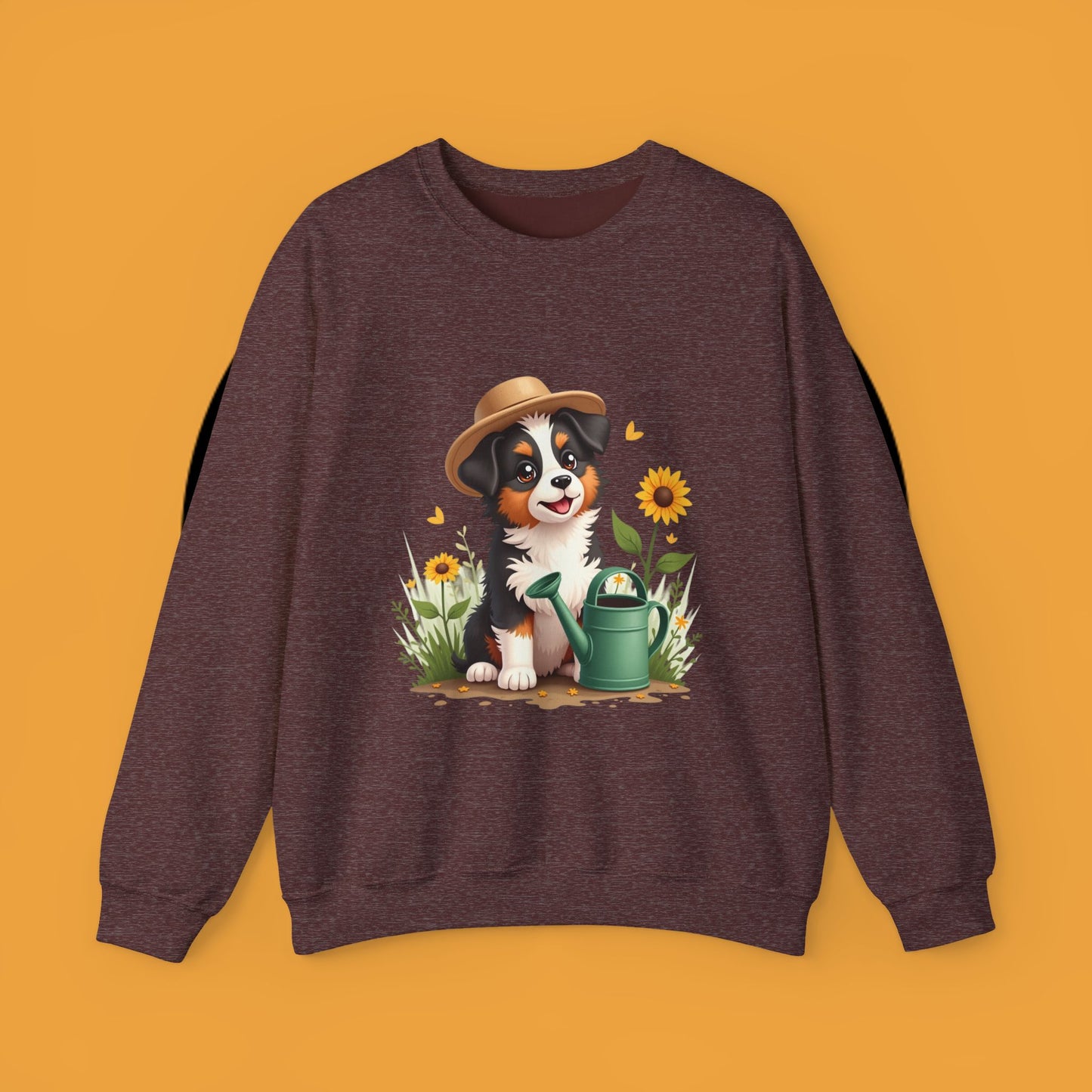 Garden Dog Crewneck Sweatshirt - Cute Puppy Gardener with Sunflowers Design | Green Thumb Gift