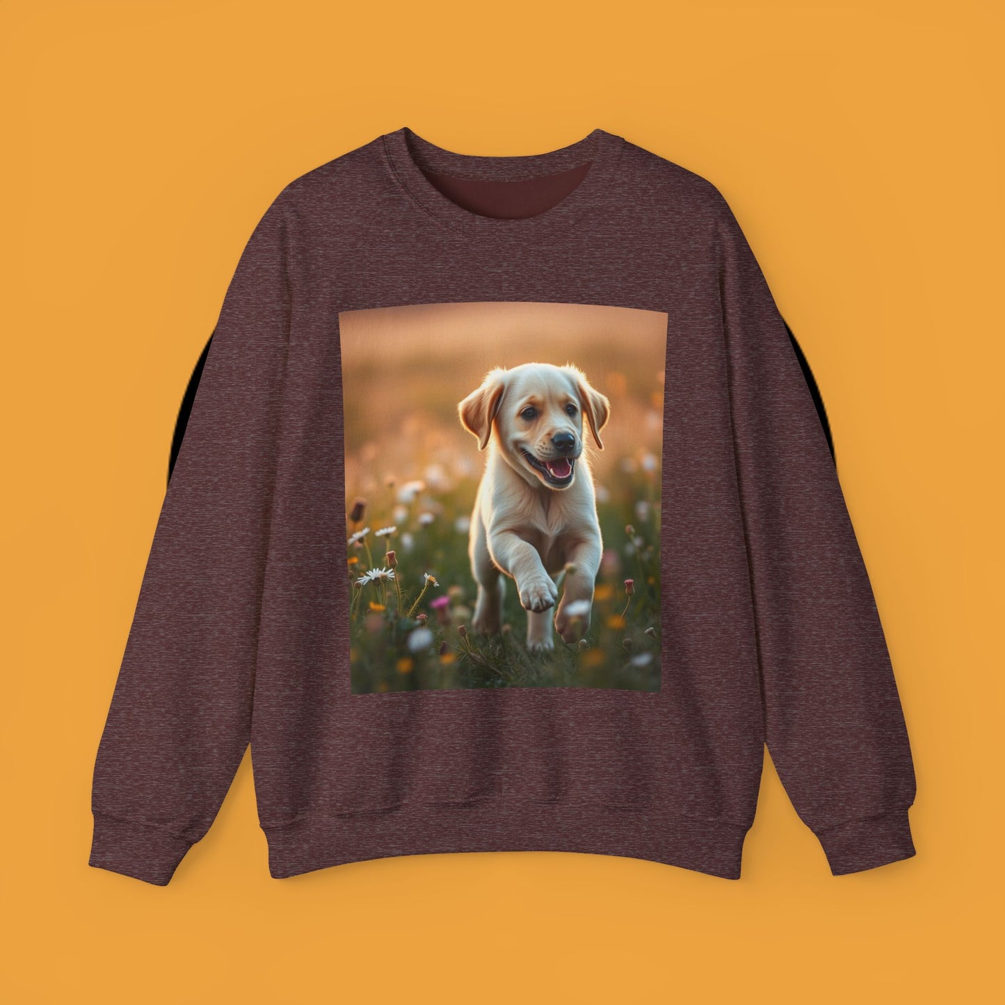 Unisex Dog Lover Crewneck Sweatshirt - Playful Labrador Puppy Running Through Wildflower Meadow