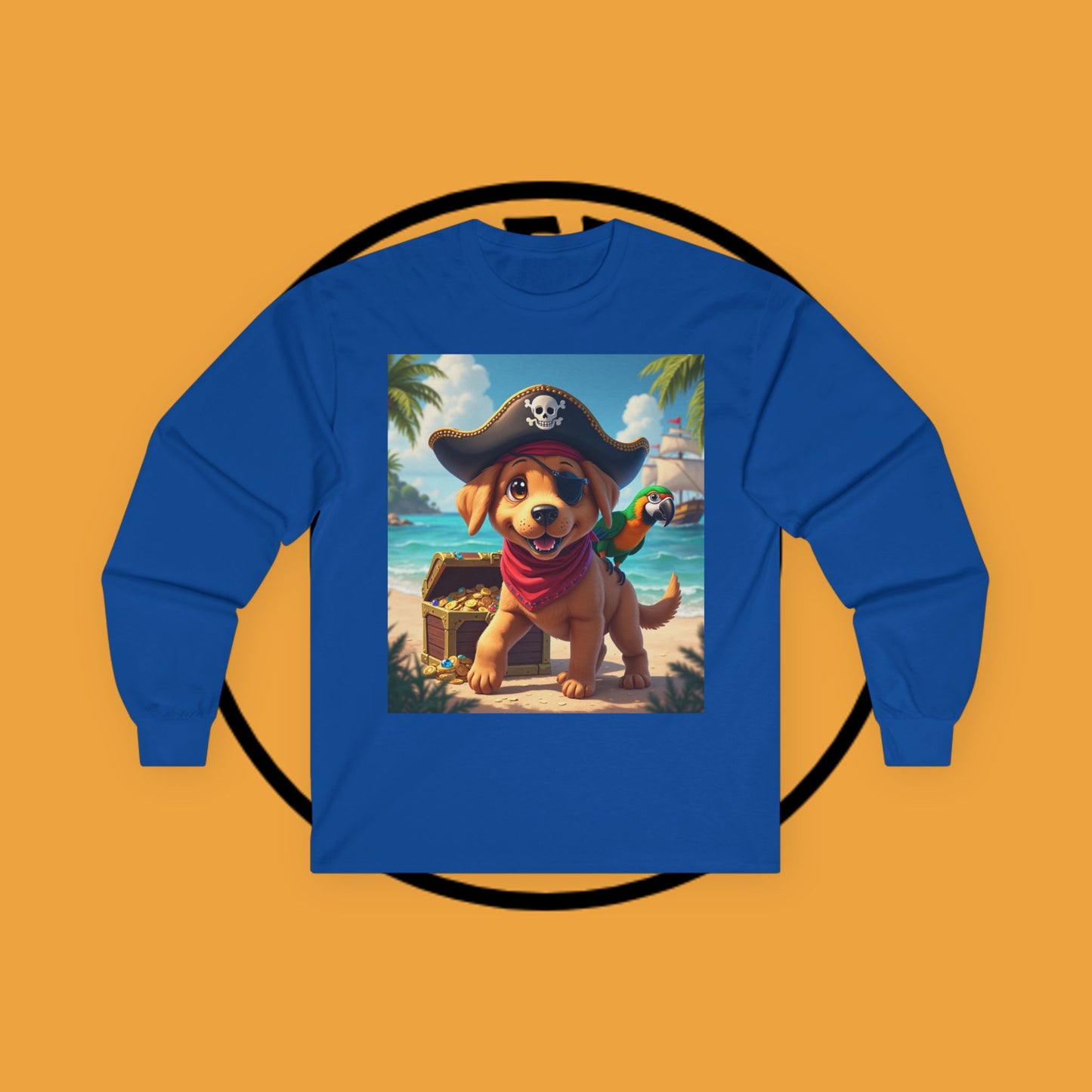 Adventurous Pirate Puppy Long Sleeve T-Shirt - Dog Design with Pirate Hat and Tropical Treasure Long Sleeve T-Shirt for Adventure Lovers π΄β οΈπ¦