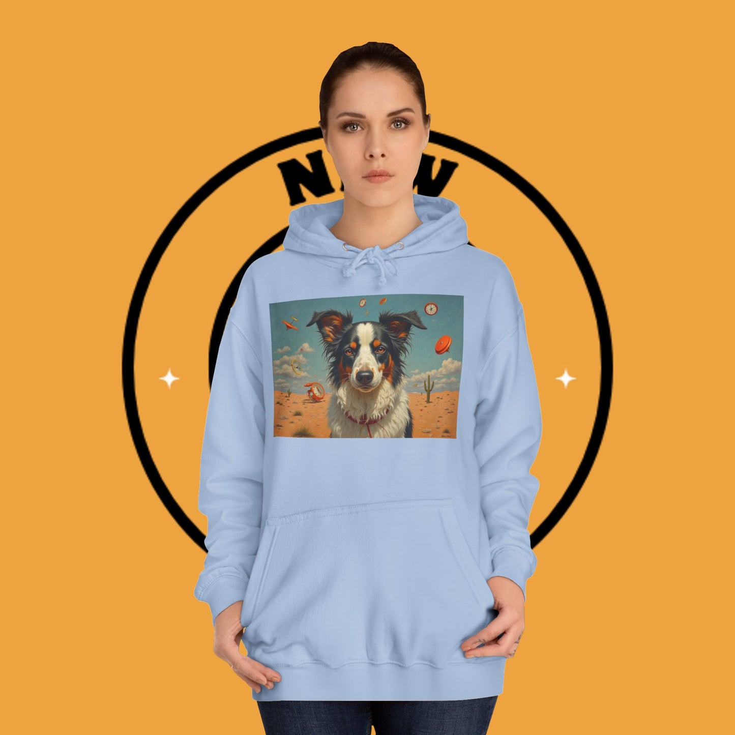 "Surreal Border Collie Time Desert Hoodie - Flying Clocks Artistic Dog Sweatshirt | Dreamlike Fantasy Design"