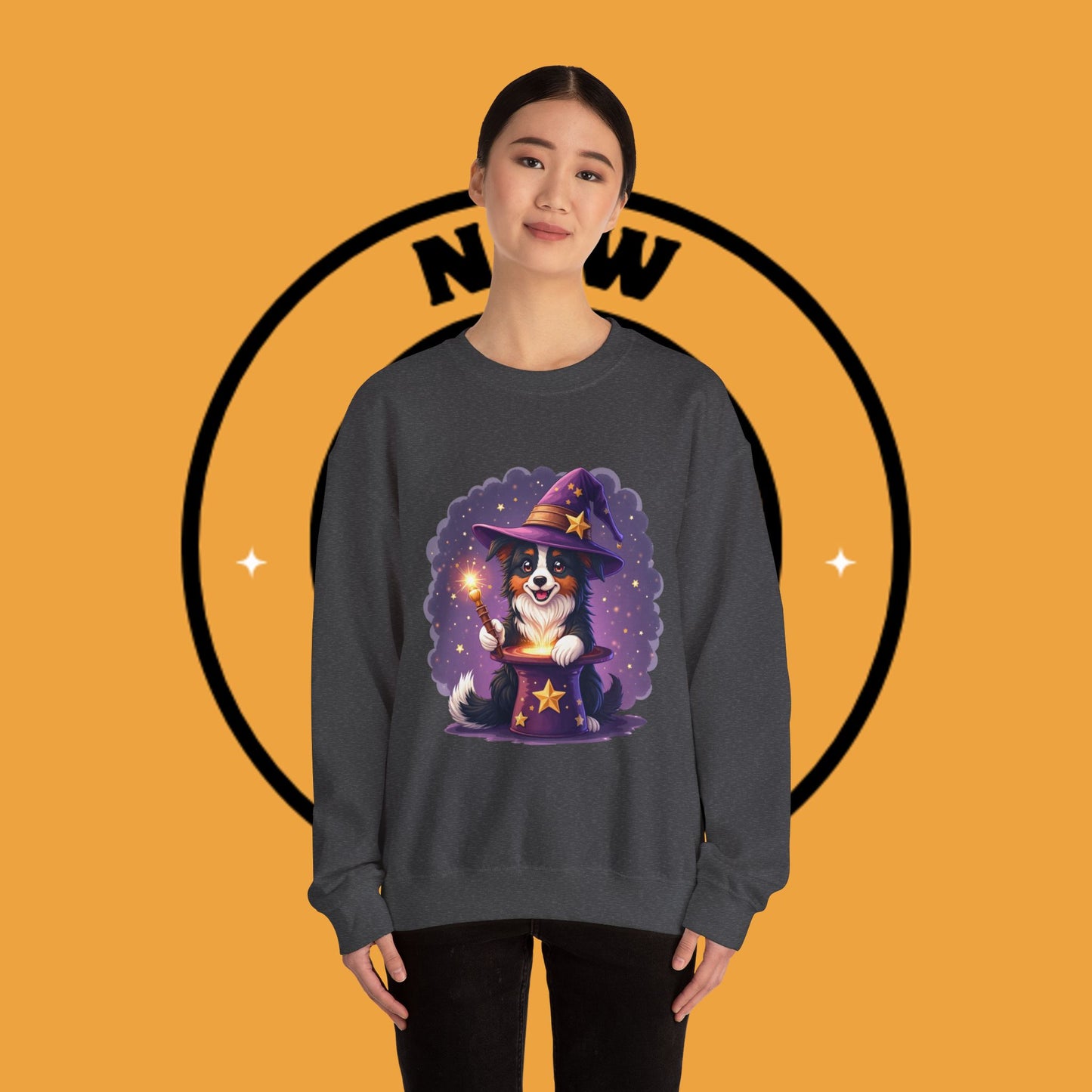 Magical Wizard Dog Crewneck Sweatshirt - Adorable Puppy Magician with Hat & Wand | Fantasy Pet Lover Gift Tee