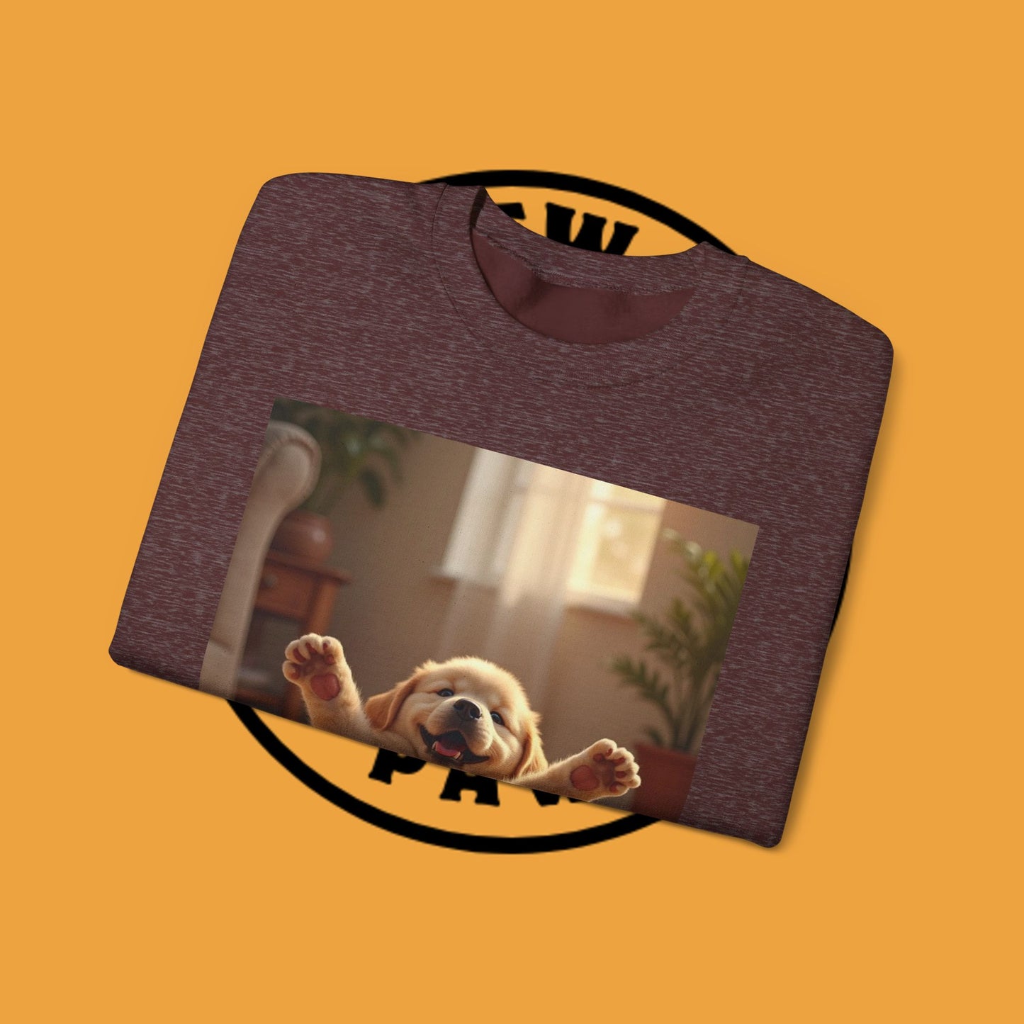 Unisex Dog Lover Crewneck Sweatshirt - Joyful Paws: Yellow Lab Puppy Stretching on Plush Carpet