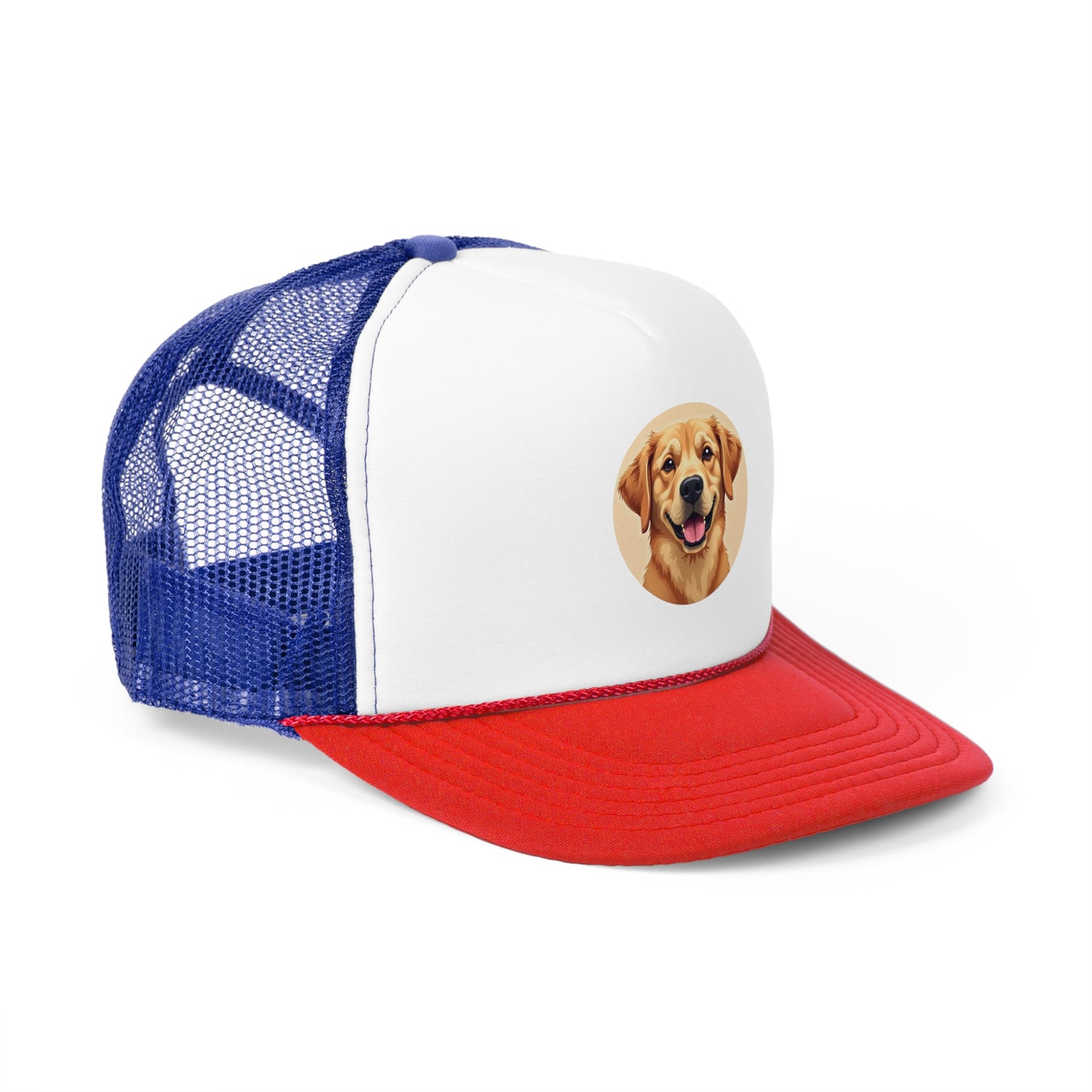 Happy Golden Retriever Trucker Cap - Circular Digital Illustration - Unisex Golden Cheerful Cap