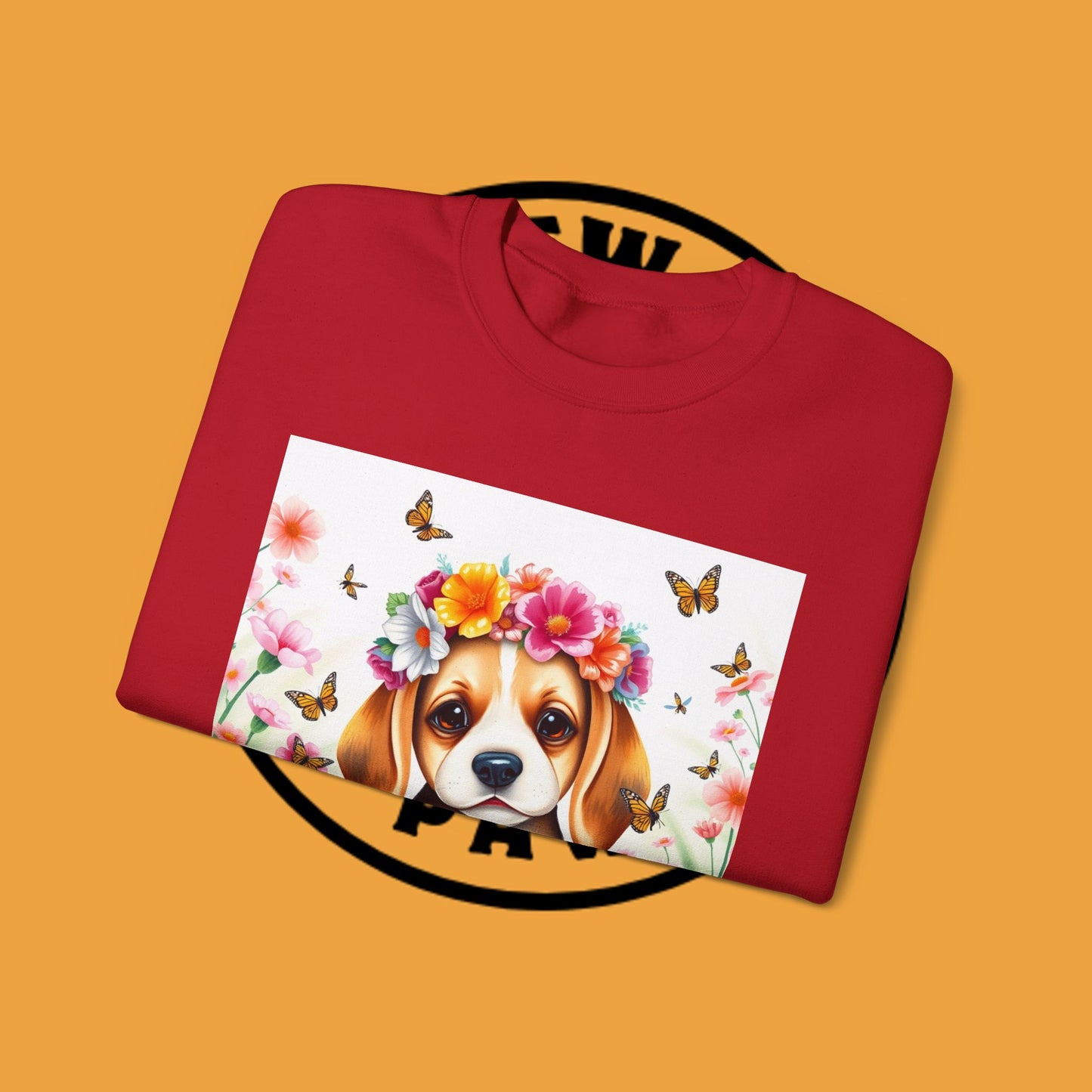 Flower Wreath Dog Crewneck Sweatshirt - Spring Beagle Design with Butterflies