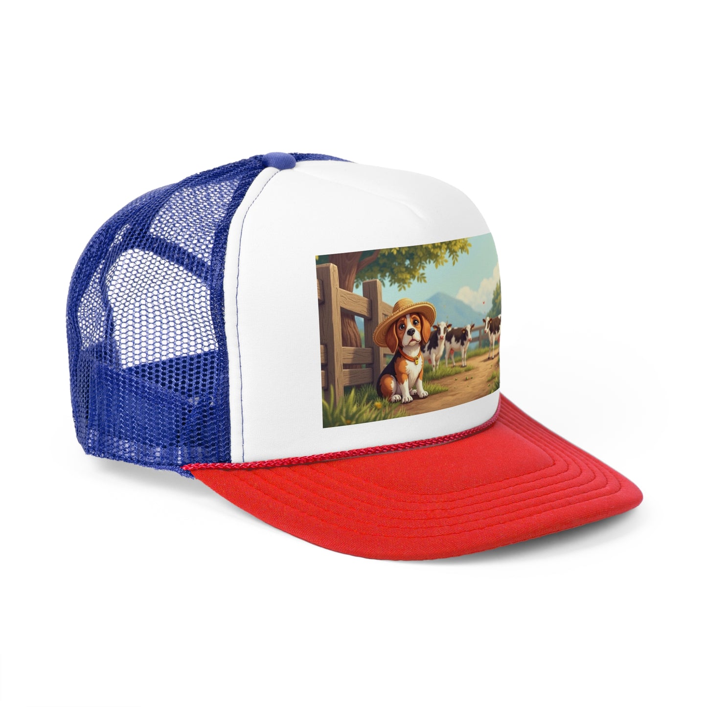 Farm Beagle with Straw Hat and Cows Trucker Hat - Country Dog Lover Cap - Adorable Dog Lover Unisex Cap