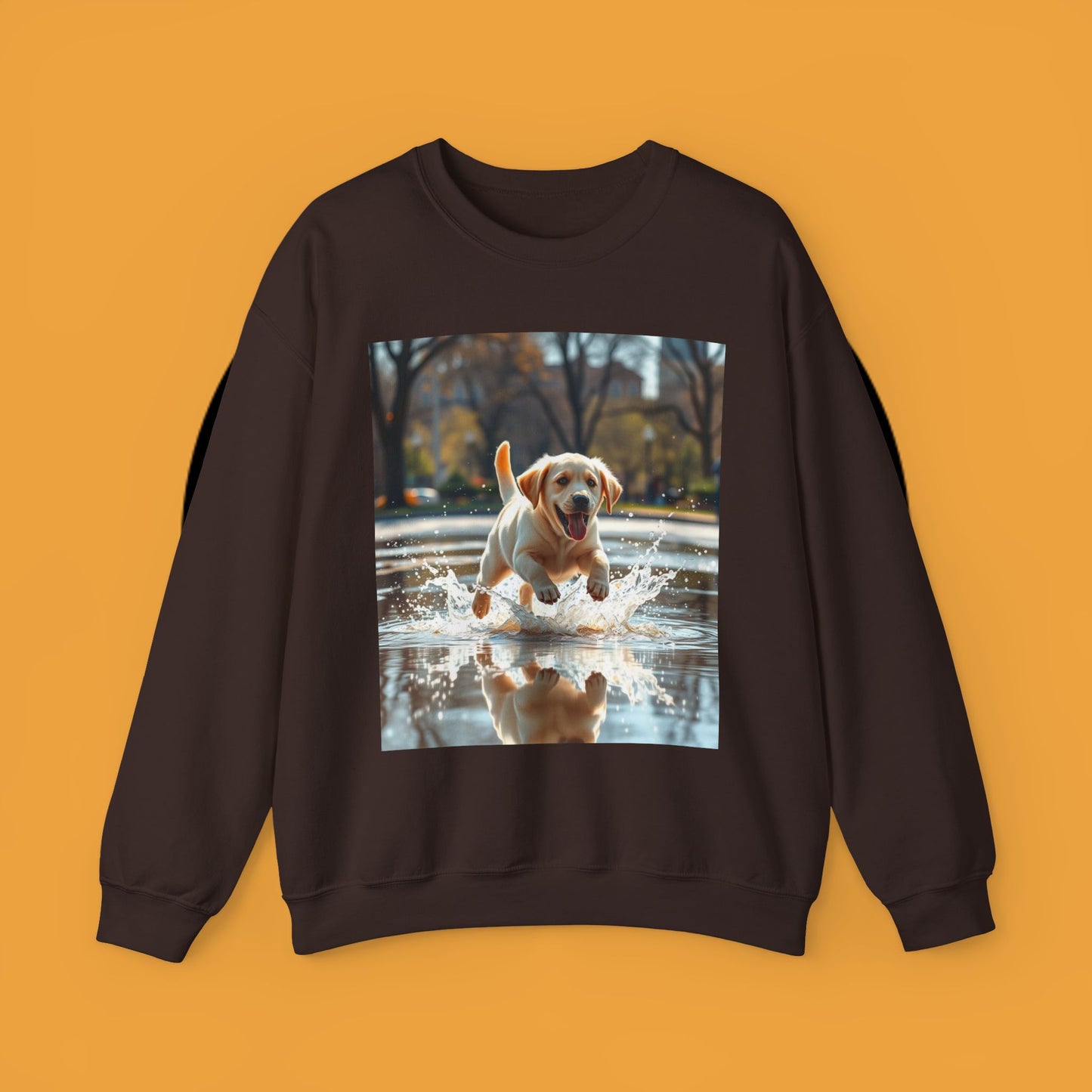 Unisex Dog Lover Crewneck Sweatshirt -Labrador Puppy Running in Water - Happy Dog Splashing in Puddle