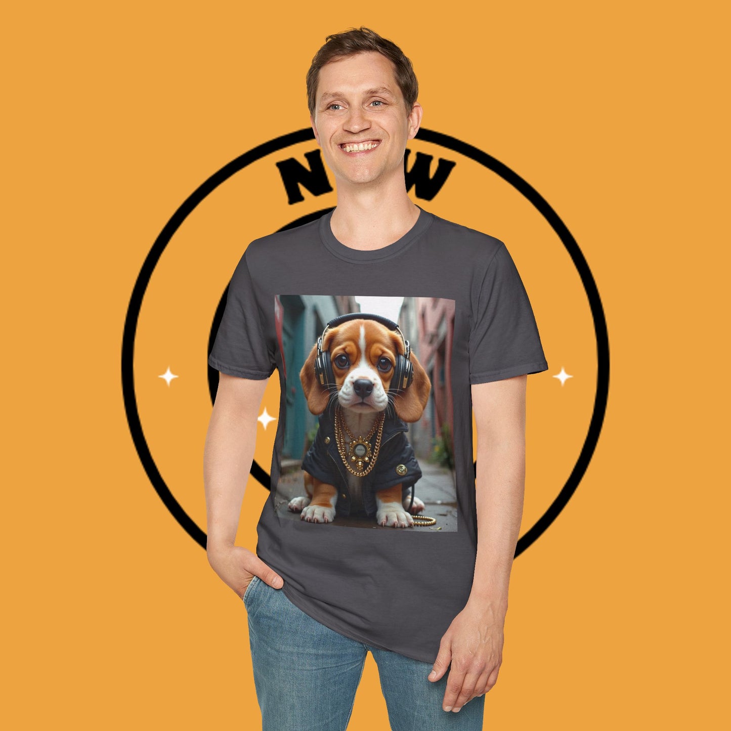 Hip Hop Beagle Dog T-Shirt - Cool Puppy with Headphones & Gold Chains Graphic Tee