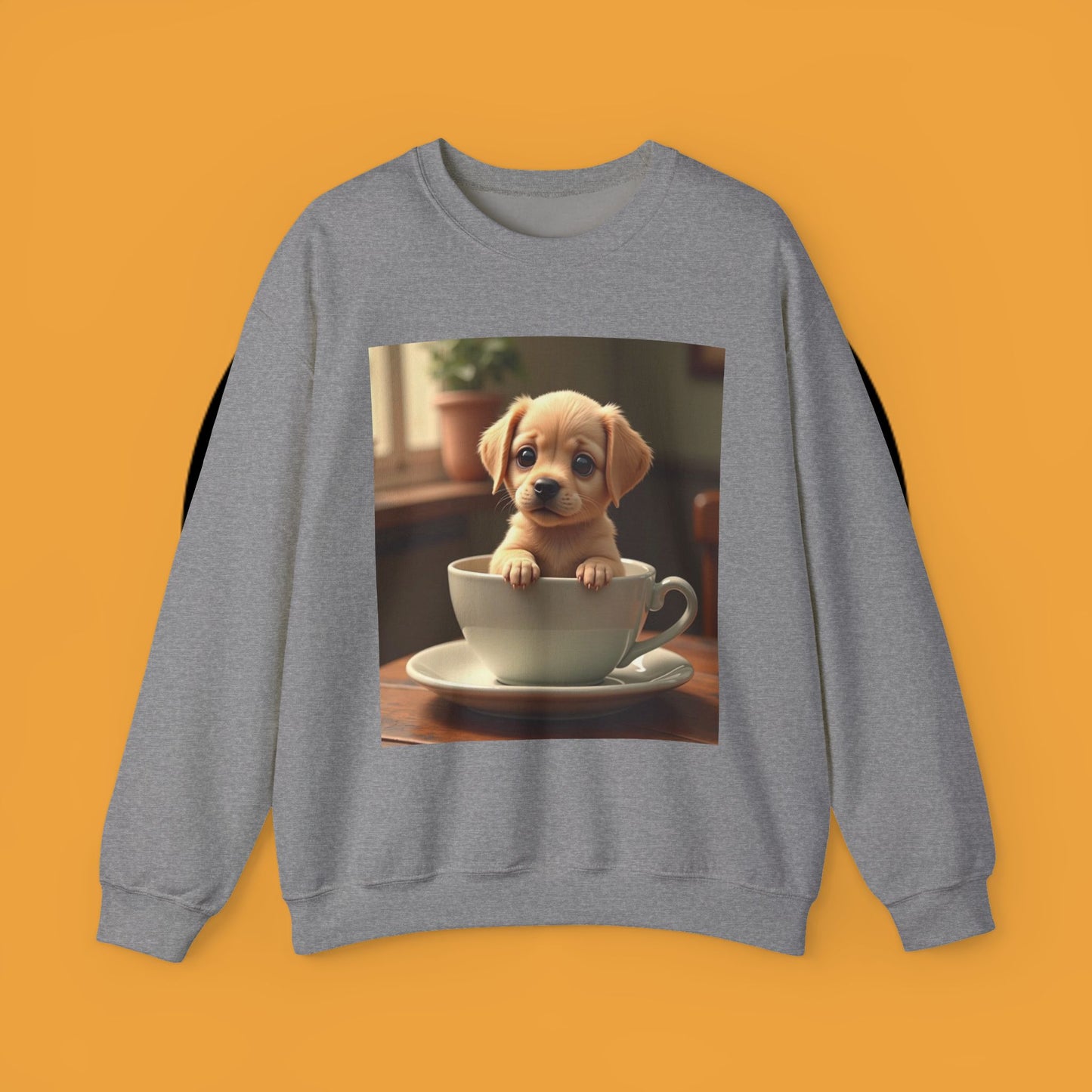 Unisex Dog Lover Crewneck Sweatshirt - Teacup Puppy: Adorable Yellow Lab in Coffee Cup