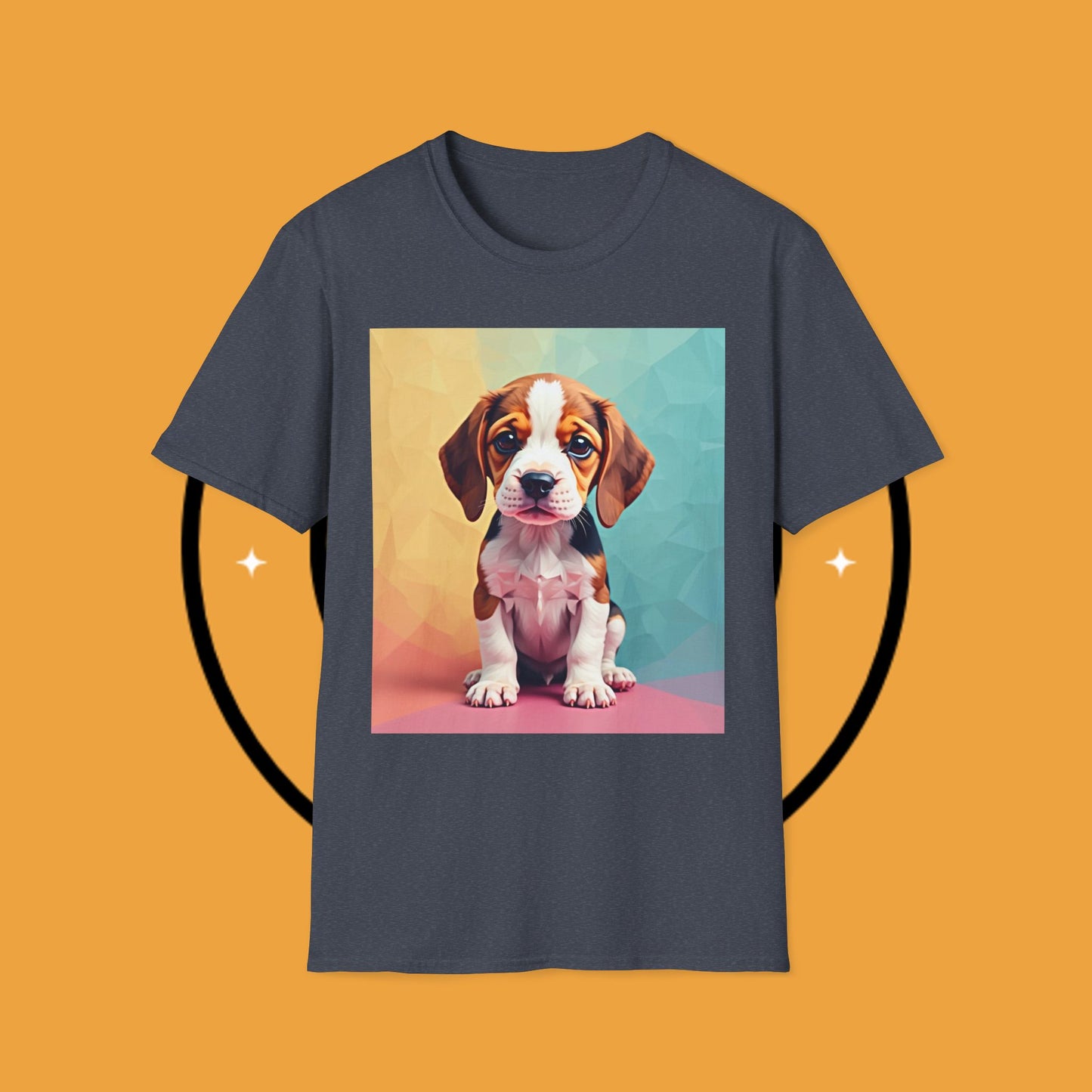 Modern Art Beagle Puppy T-Shirt - Geometric Low Poly Dog Design with Rainbow Background