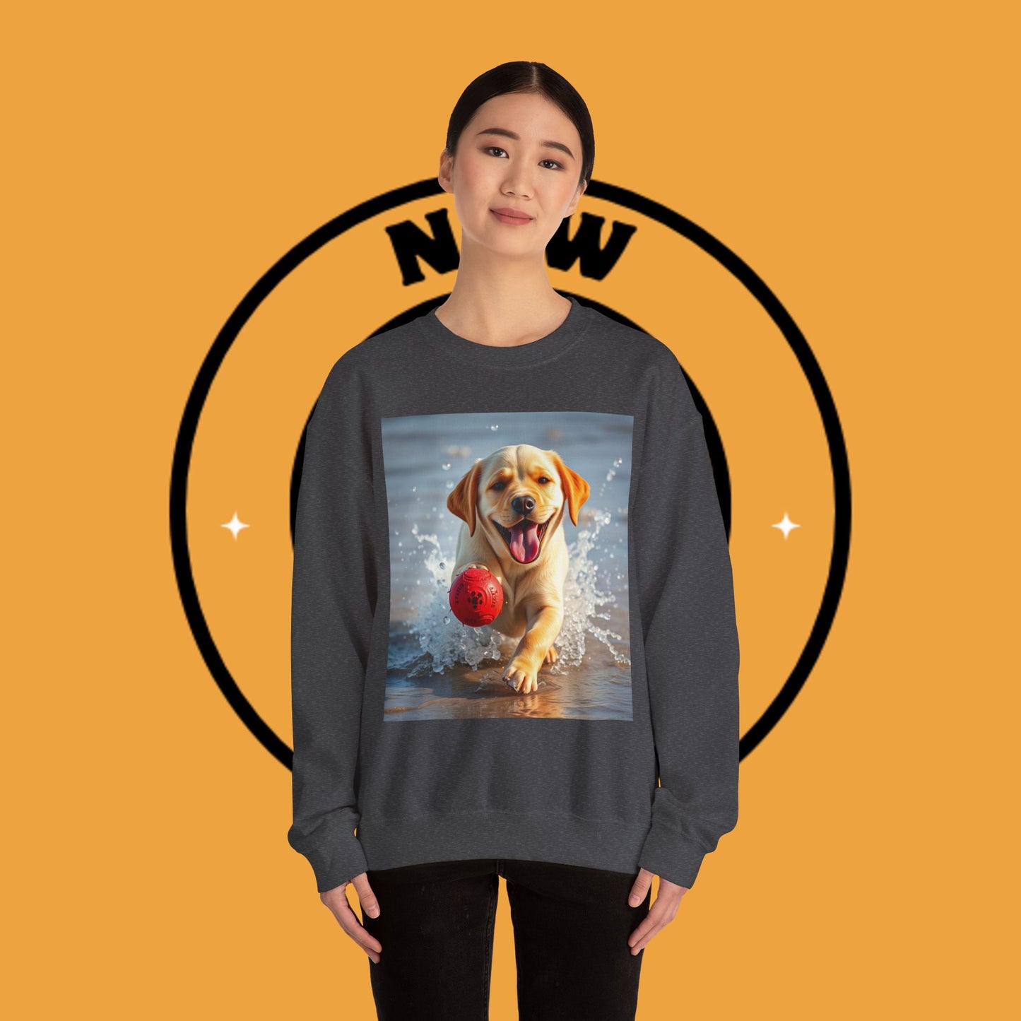 Unisex Dog Lover Crewneck Sweatshirt Labrador Puppy Playing with a Ball on the Beach - Photo of a Happy Dog Running in the Water