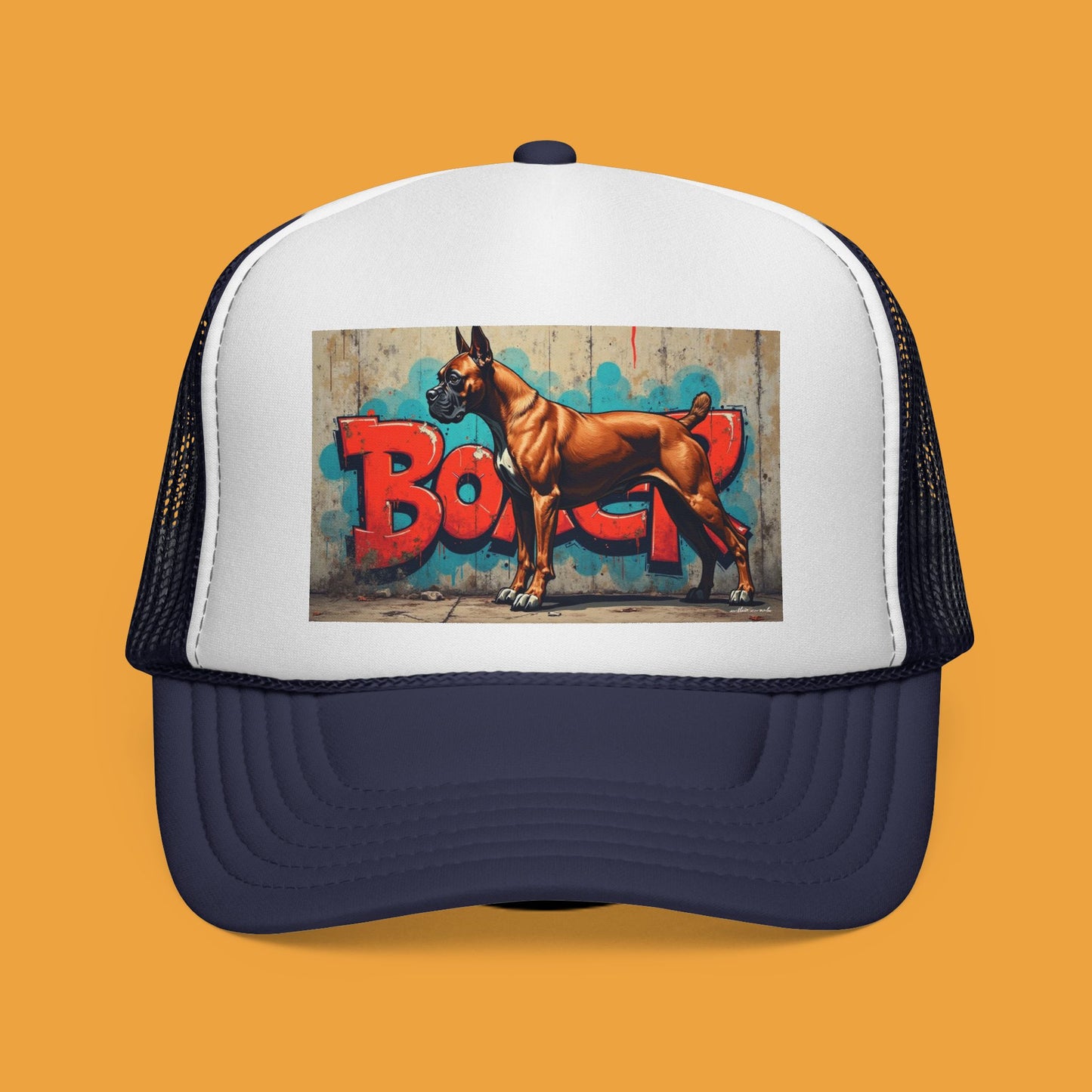 "Graffiti Boxer Dog Trucker Cap - Urban Street Art Design | Hip Hop Style Snapback Hat | Street Culture Baseball Cap"