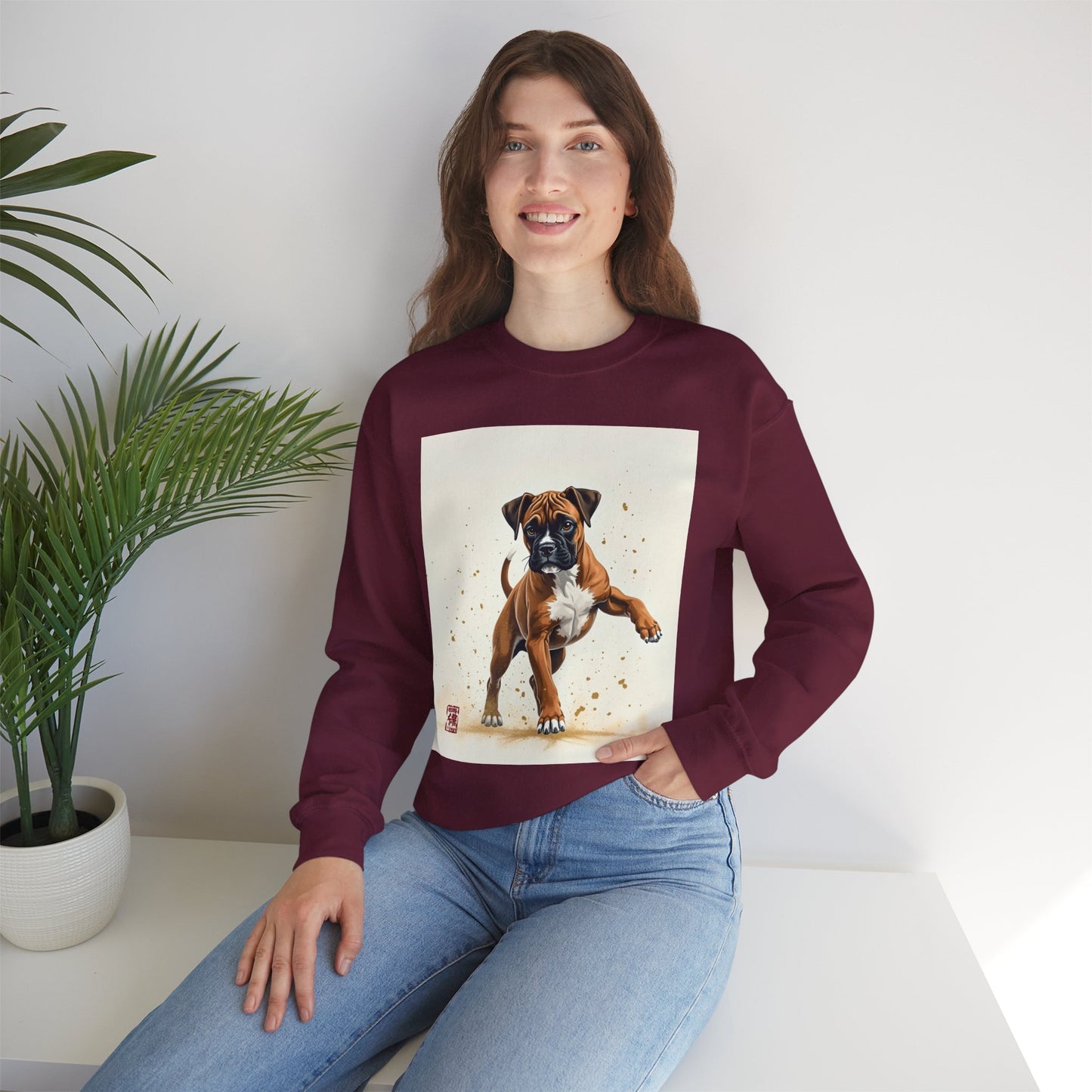 Running Boxer Puppy Crewneck Sweatshirt | Artistic Dog Lover Gift | Dynamic Movement Design