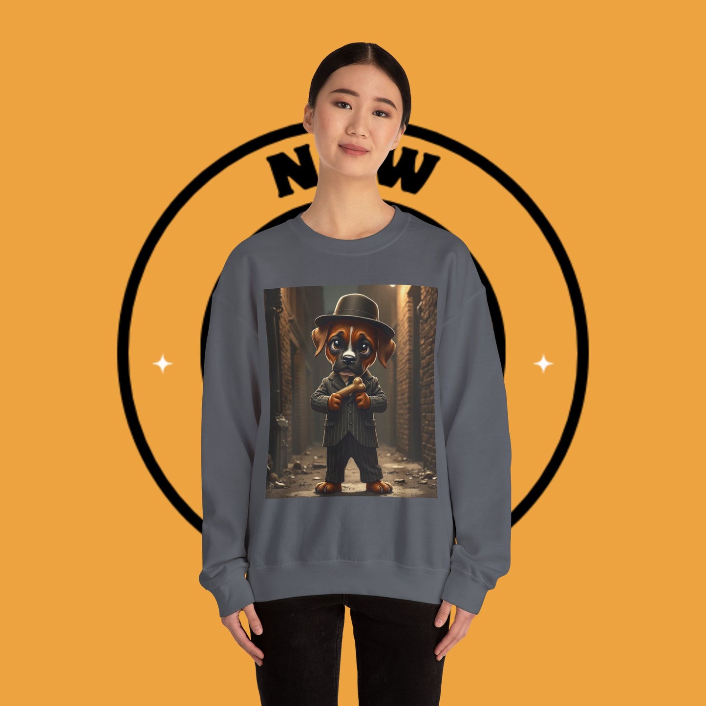Gangster Puppy Fedora Crewneck Sweatshirt - Vintage Dog Boss Design - Retro Pet Lover Style
