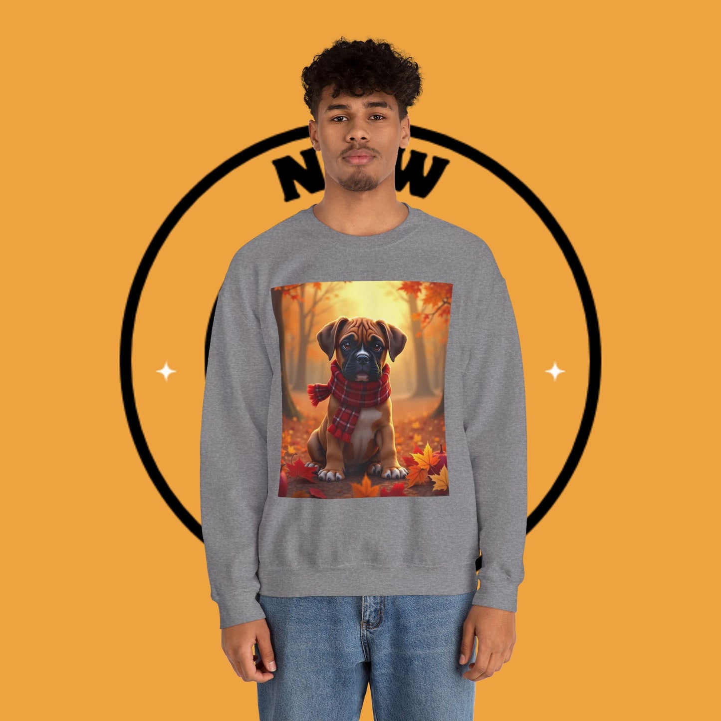 Cute Boxer Puppy Autumn Crewneck Sweatshirt | Fall Dog Lover Gift | Cozy Plaid Scarf Design
