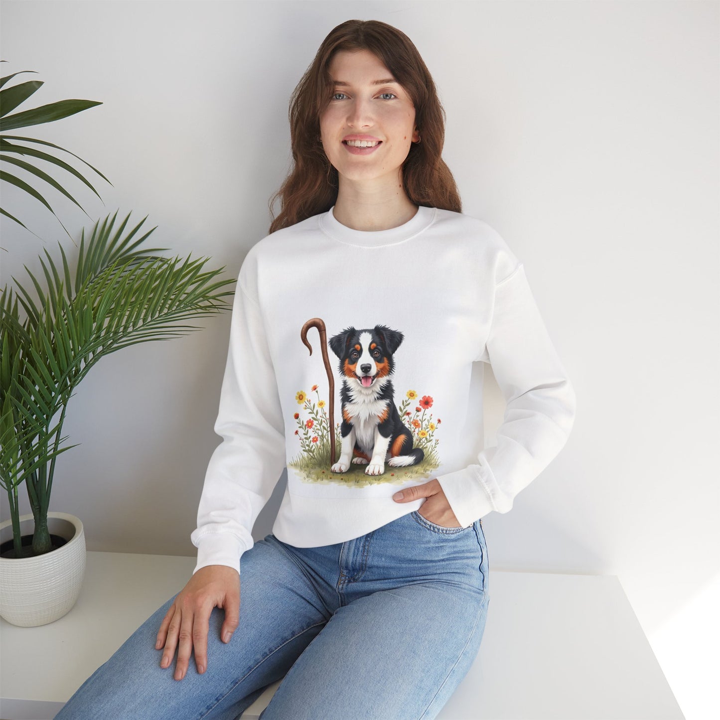 Border Collie Puppy Shepherd's Crook Crewneck Sweatshirt - Pastoral Dog Art | Farm Life Gift