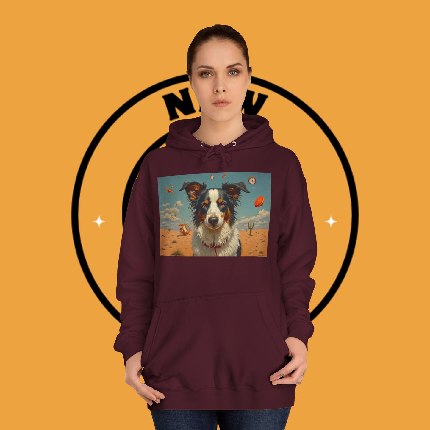 "Surreal Border Collie Time Desert Hoodie - Flying Clocks Artistic Dog Sweatshirt | Dreamlike Fantasy Design"