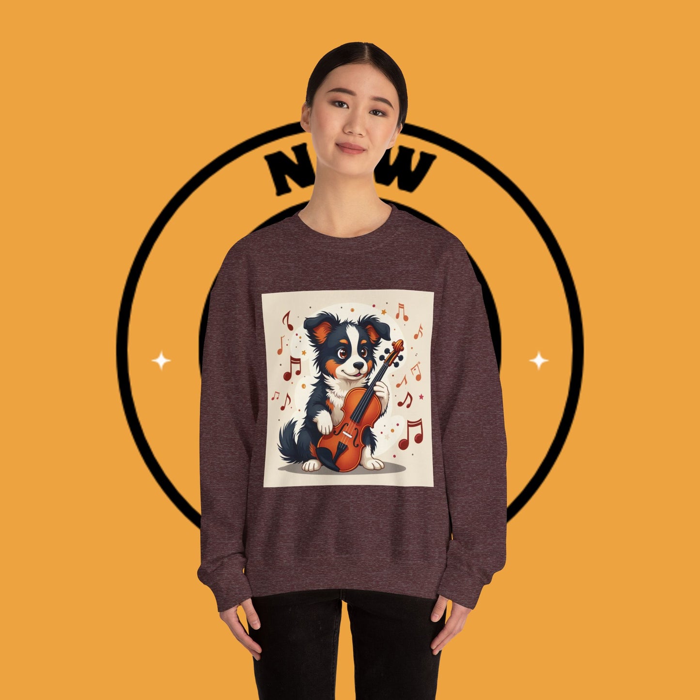 Music Dog Crewneck Sweatshirt - Cute Puppy Violinist with Musical Notes Design | Musician Gift