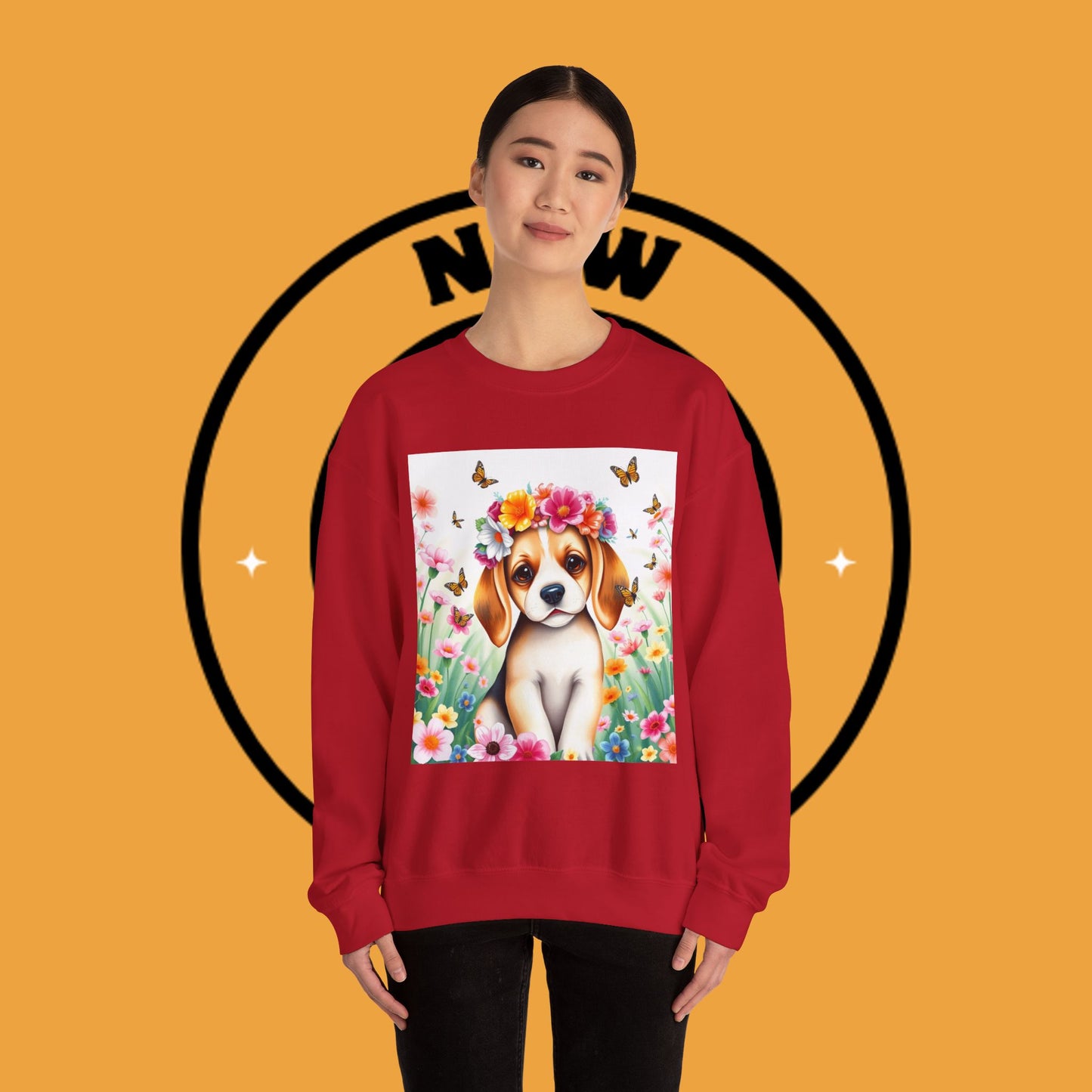 Flower Wreath Dog Crewneck Sweatshirt - Spring Beagle Design with Butterflies