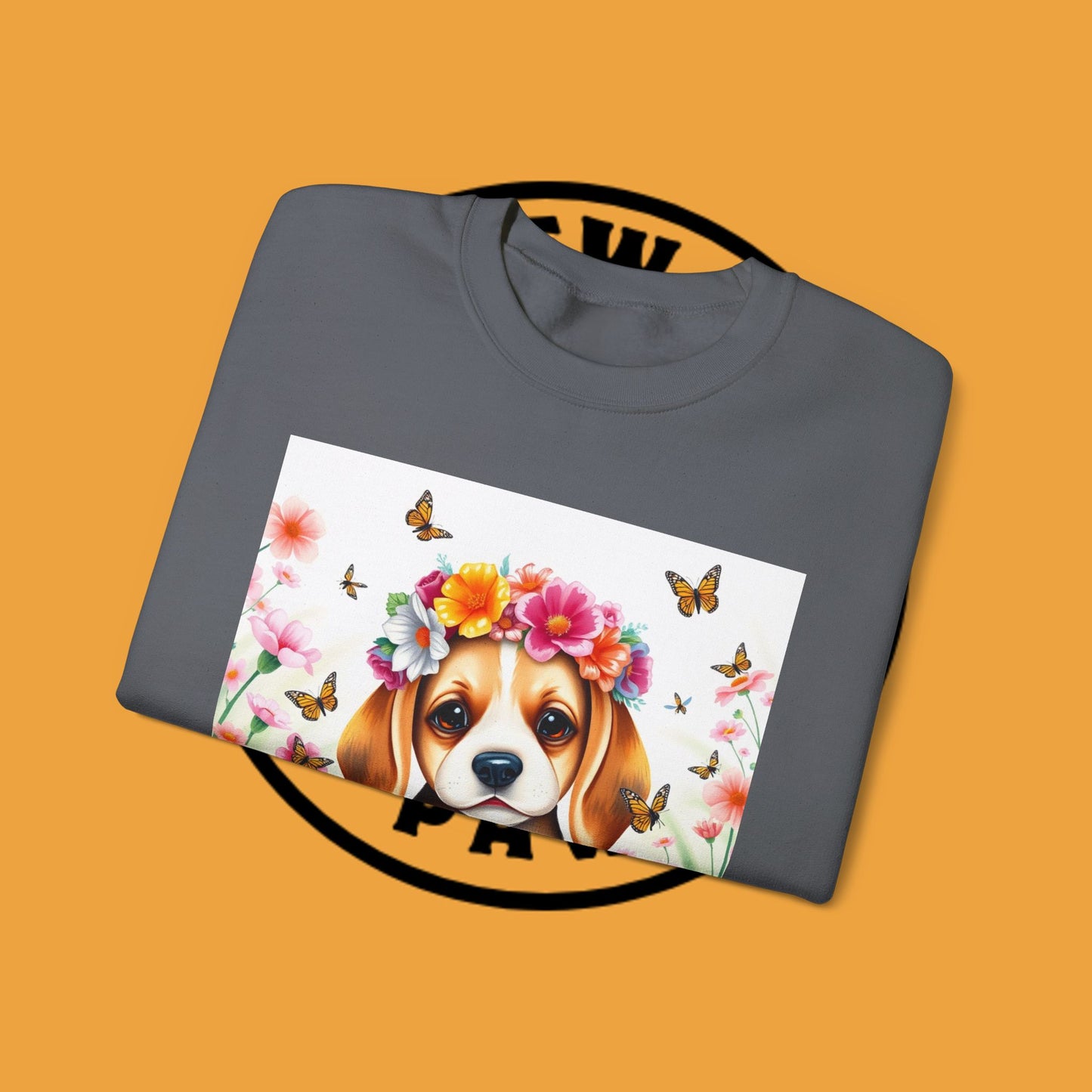 Flower Wreath Dog Crewneck Sweatshirt - Spring Beagle Design with Butterflies